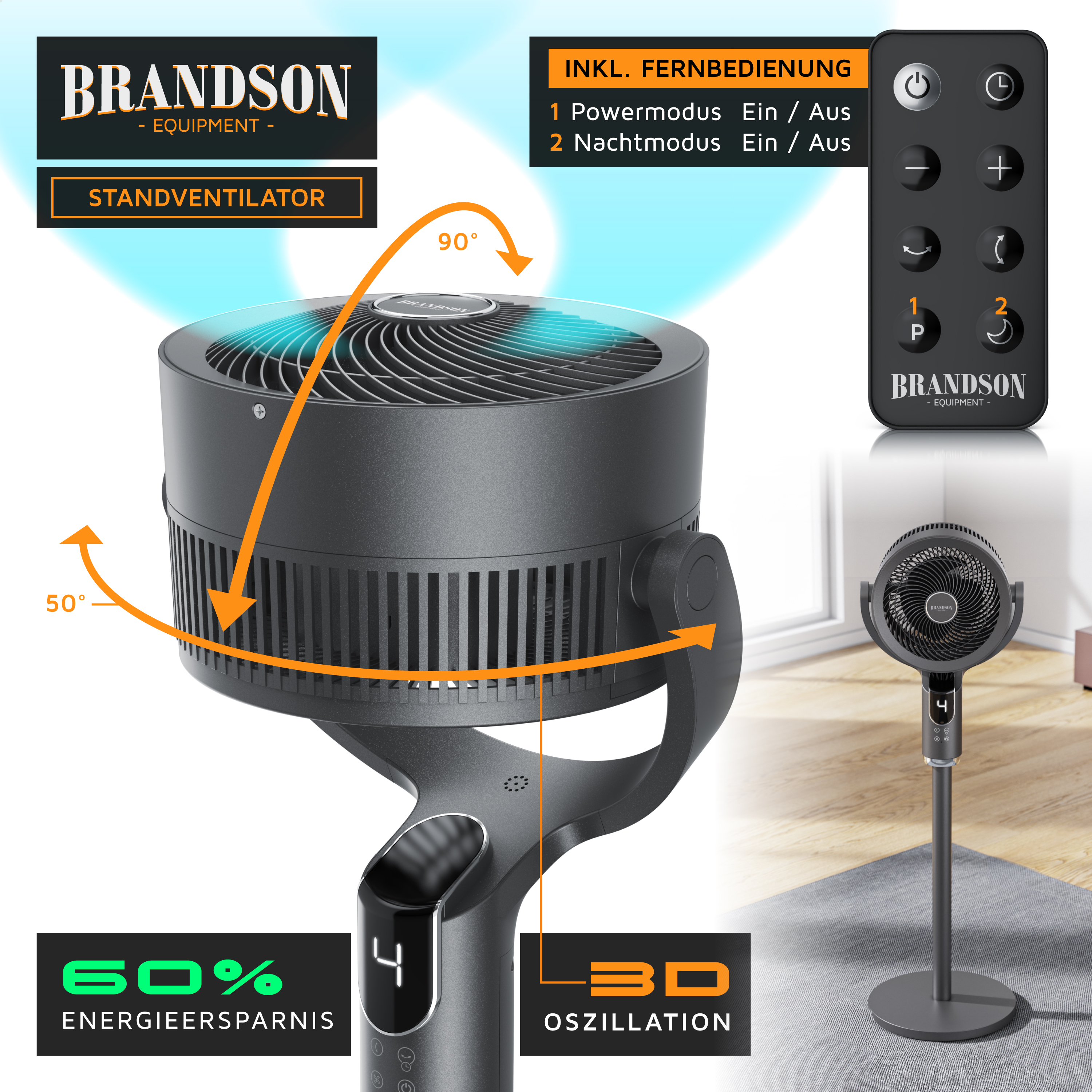Standventilator von Brandson mit elegantem schwarzem Design, Fernbedienung, einstellbarer Höhe und 3D-Oszillationsfunktion für effiziente Luftzirkulation.