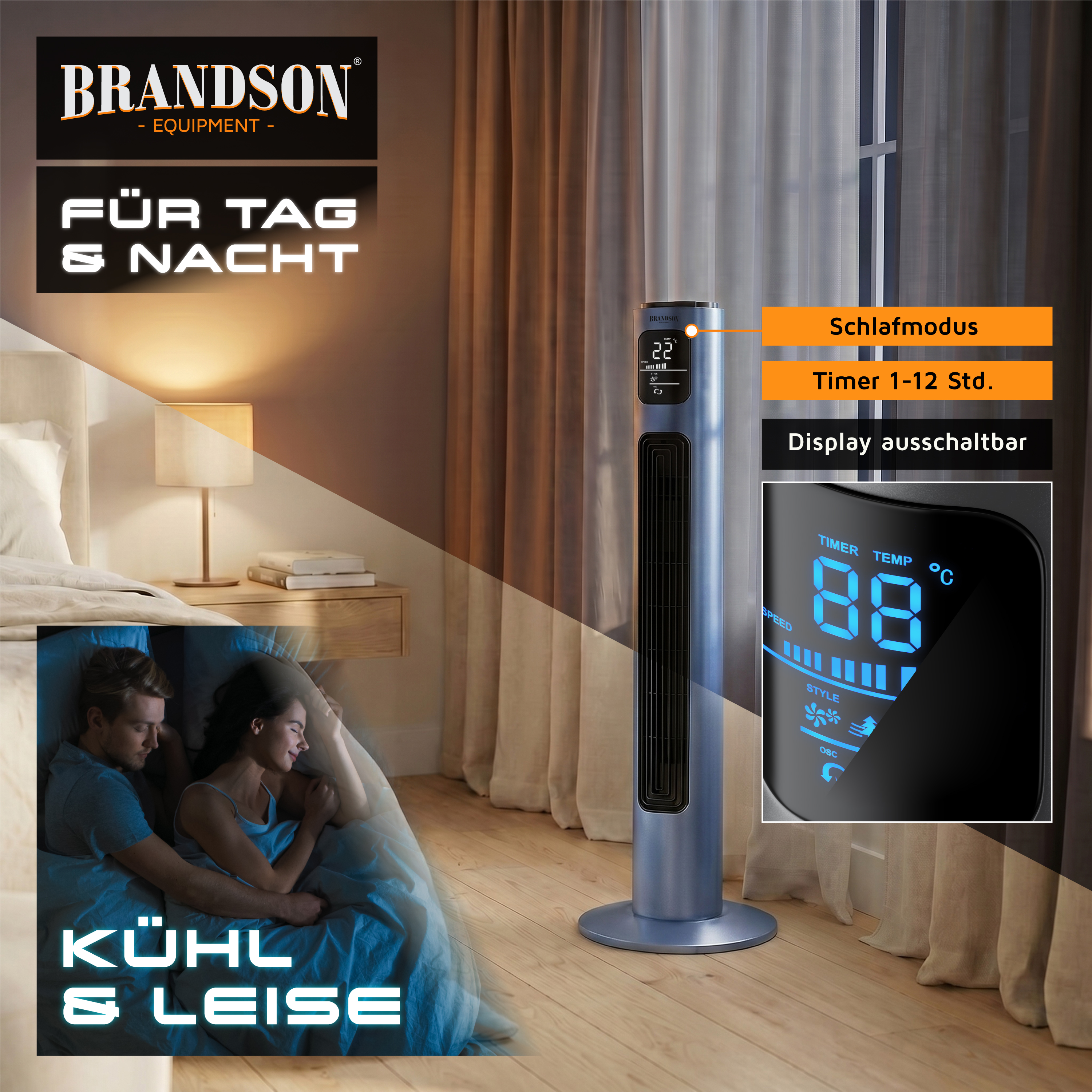 Brandson-Turmventilator mit elegantem silbernen Design und digitalem Display zur Anzeige von Temperatur und Timer-Einstellungen, platziert in einem gemütlichen Schlafzimmerambiente.