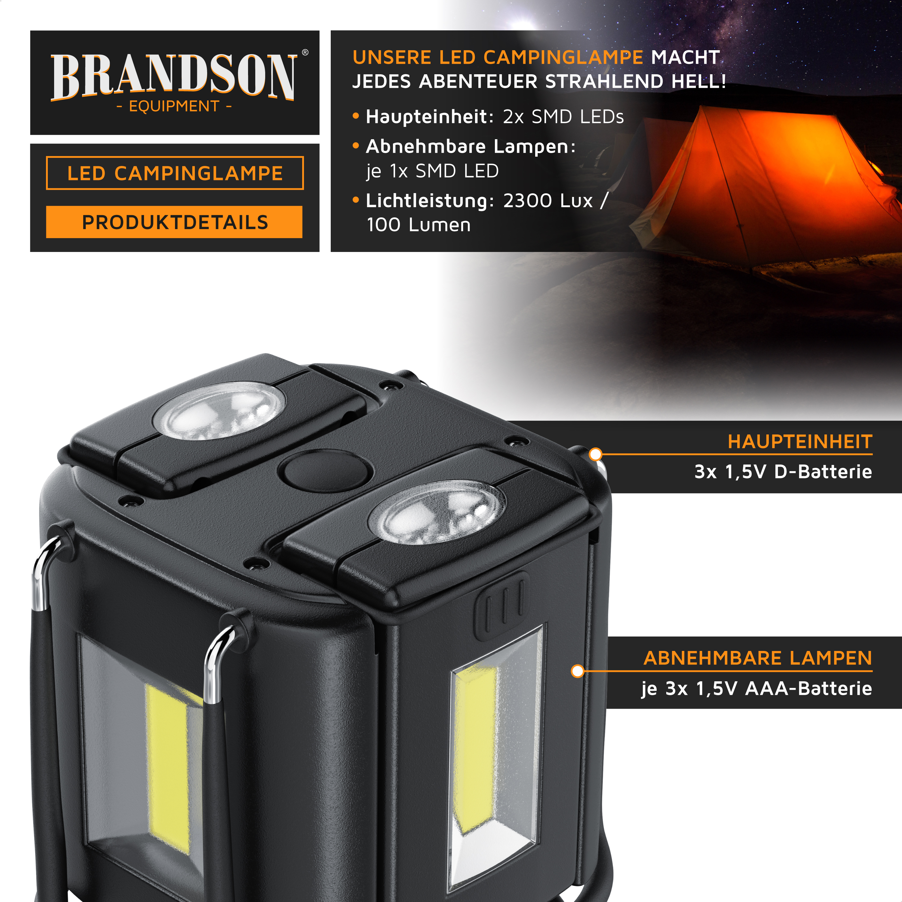 Brandson LED-Campinglampe mit abnehmbaren Lampen, schwarzem Gehäuse und mehreren Lichtquellen für den Außenbereich.