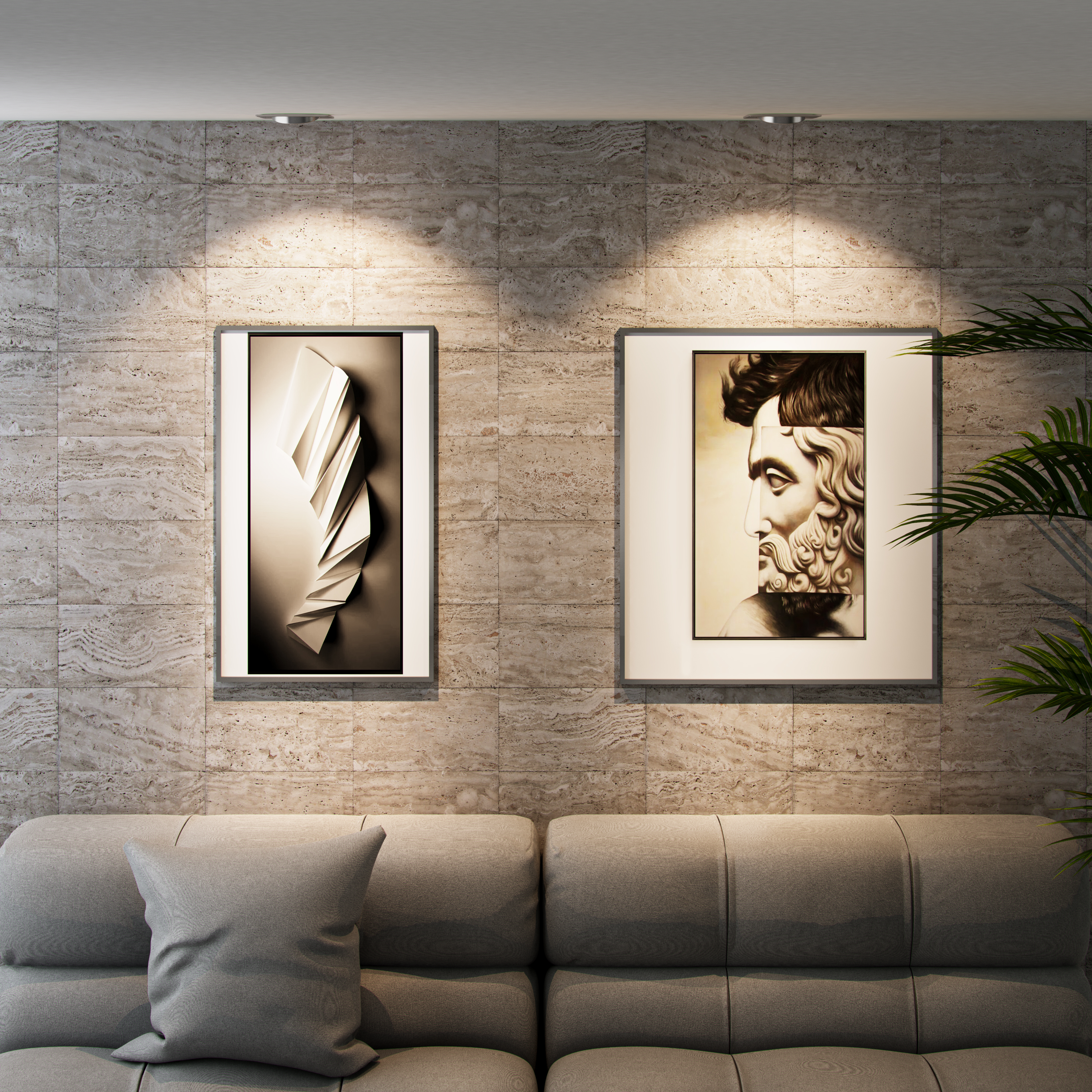 Zwei gerahmte Kunstwerke an einer strukturierten Wand im abstrakten und klassischen Stil, beleuchtet durch sanftes Licht.