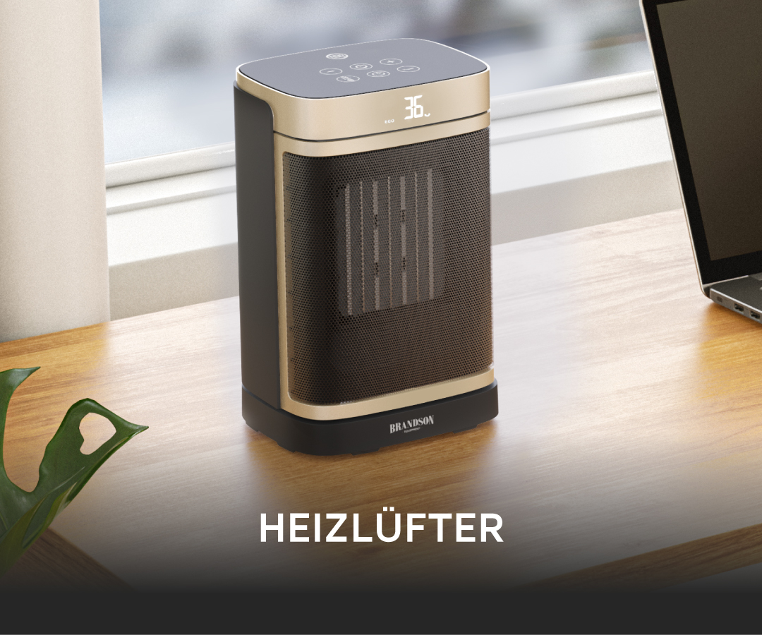 Brandson Heizlüfter in schwarzem und goldfarbenem Design mit Bedienfeld und digitalem Display auf einem Tisch neben einem Laptop.