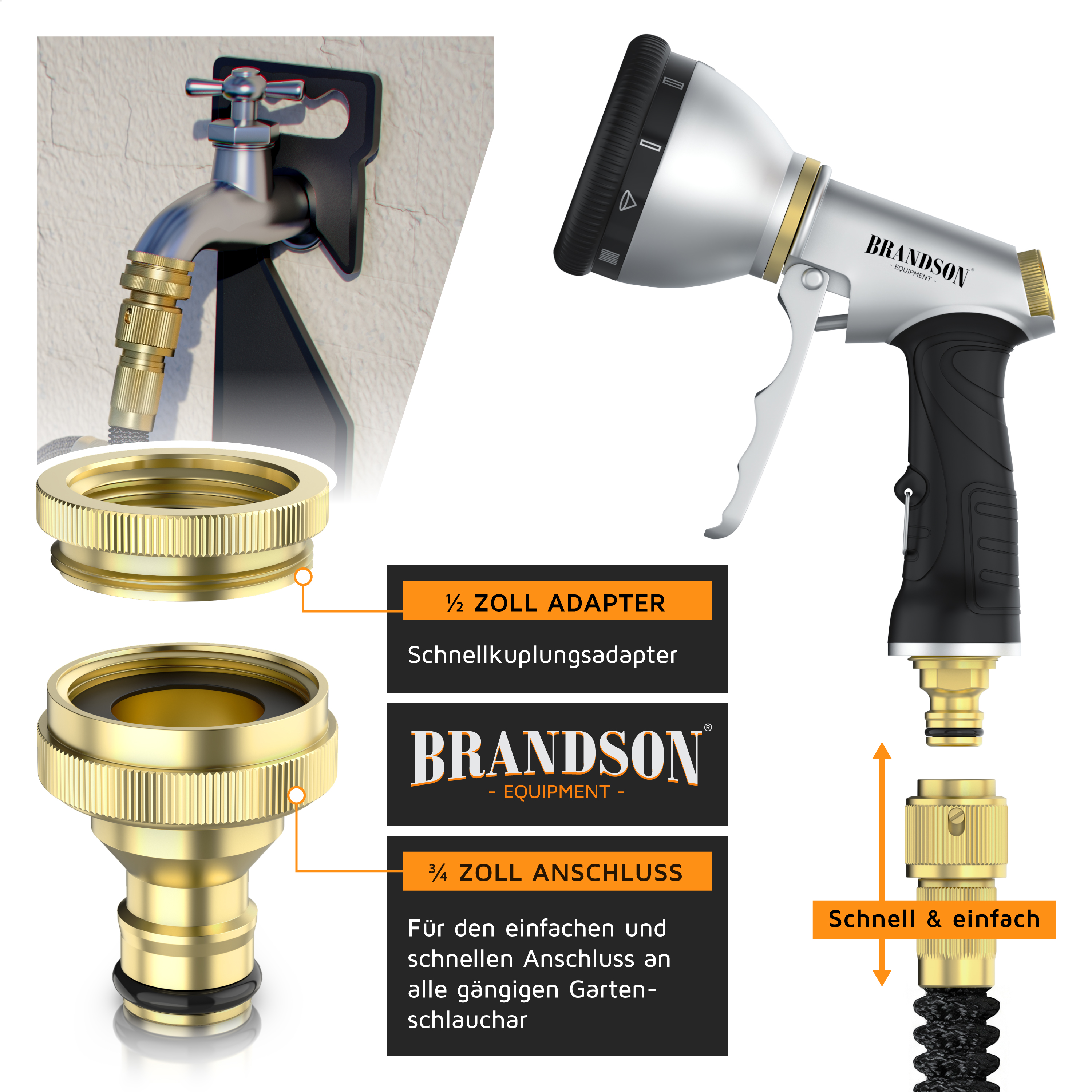 Brandson Schnellkupplungsadapter mit ½ Zoll und ¾ Zoll Anschluss, aus robustem Material, ideal für Gartenanschlüsse.