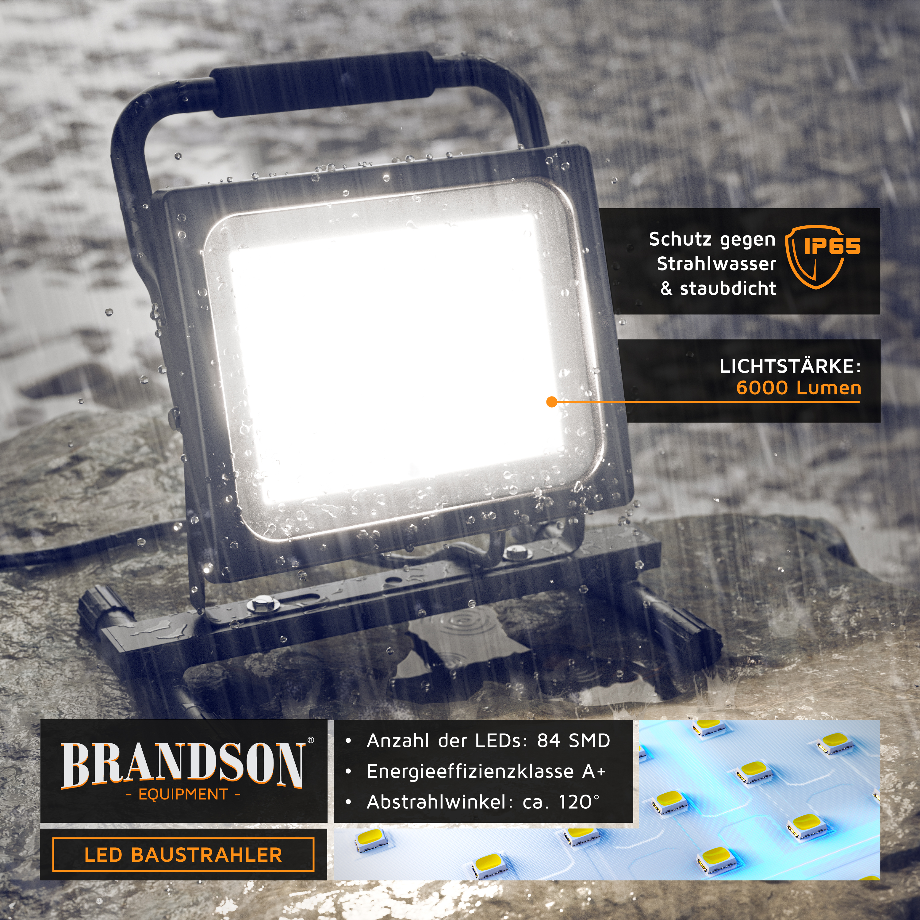 Brandson LED-Bauleuchte mit IP65-Schutz, robustem Design und heller Leistung von 6000 Lumen, geeignet für den Außenbereich.
