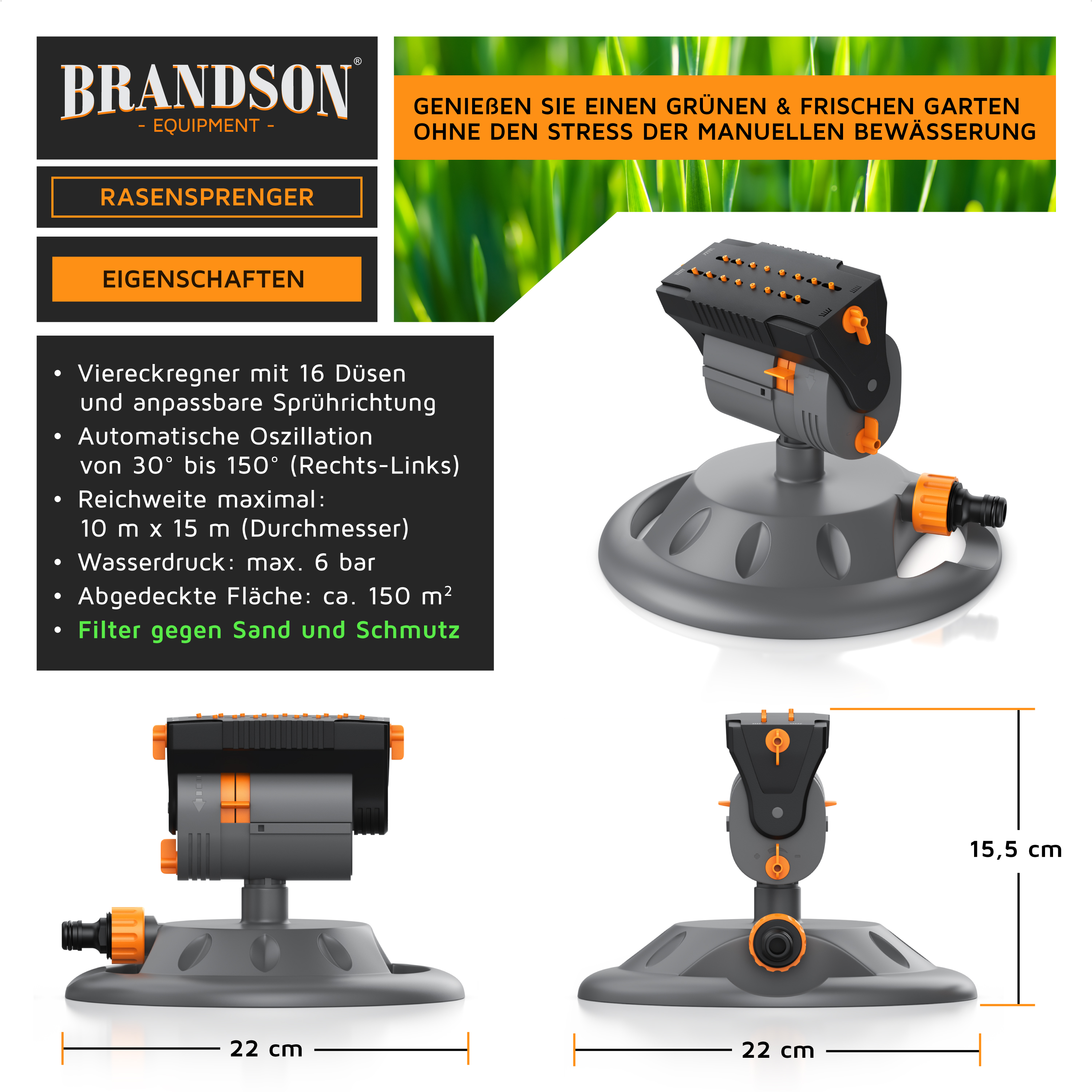 Brandson Rasensprenger mit 16 Düsen, automatischer Oszillation und anpassbarer Sprührichtung, graues Gehäuse mit orangefarbenen Akzenten.