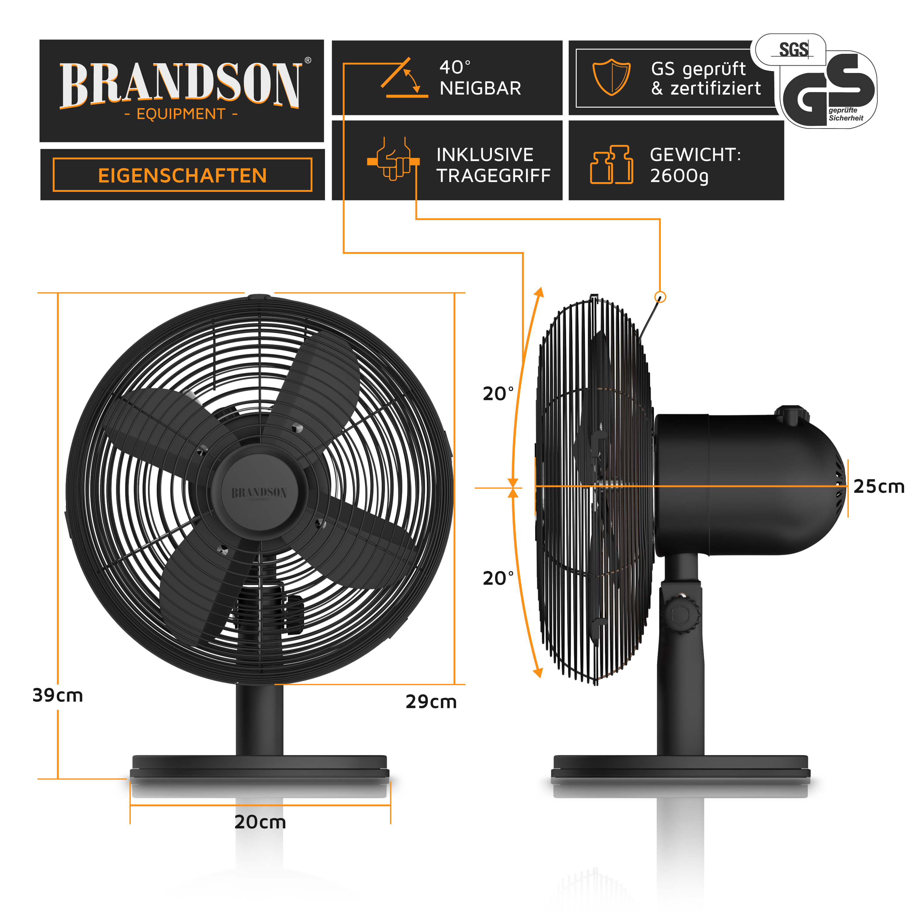 Brandson Standventilator in Schwarz mit neigbarem Kopf, stabiler Basis und Tragegriff für einfache Handhabung.