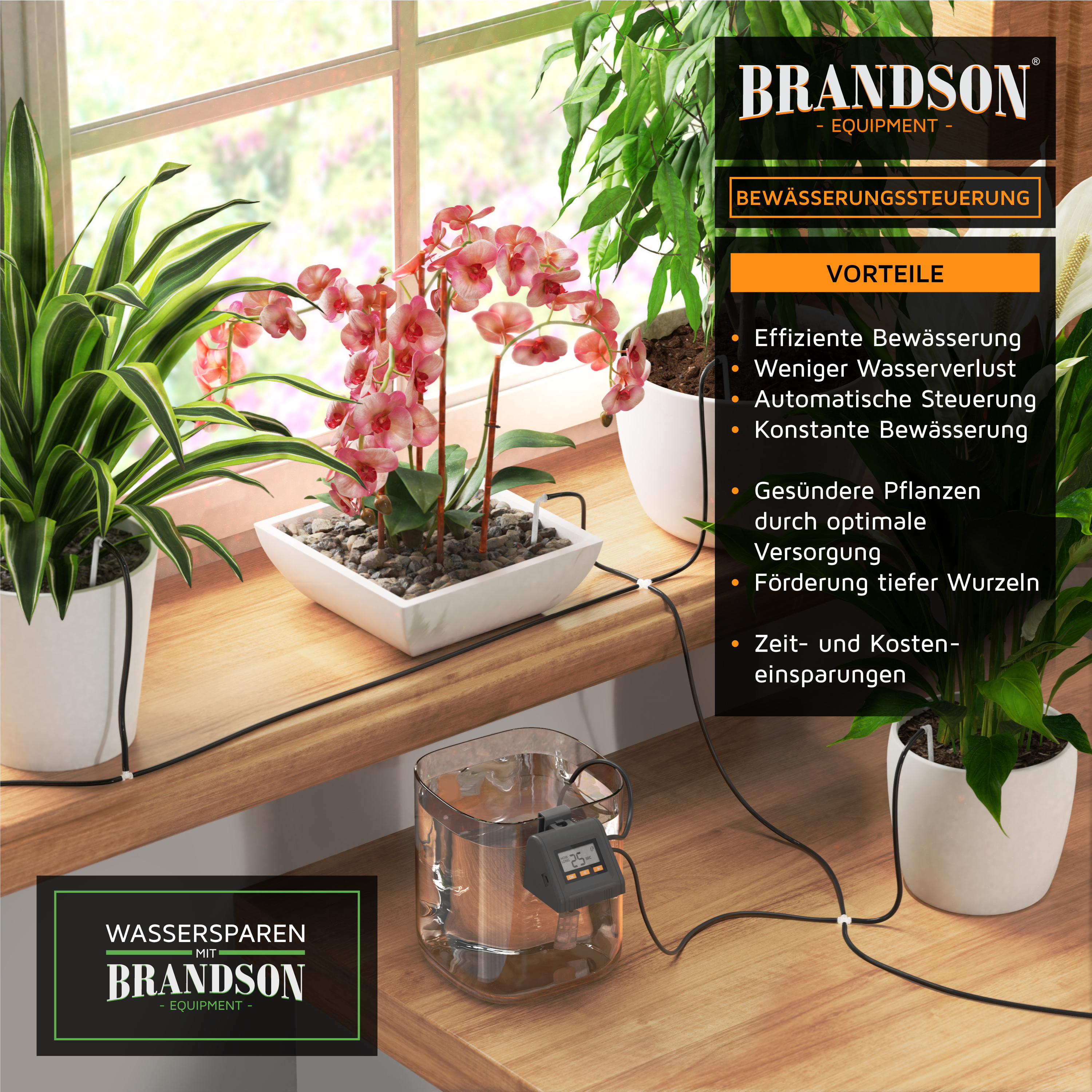 Brandson Bewässerungssteuerung mit digitalem Display, transparentem Wassertank und angeschlossenen Schläuchen zur Pflanzenbewässerung.