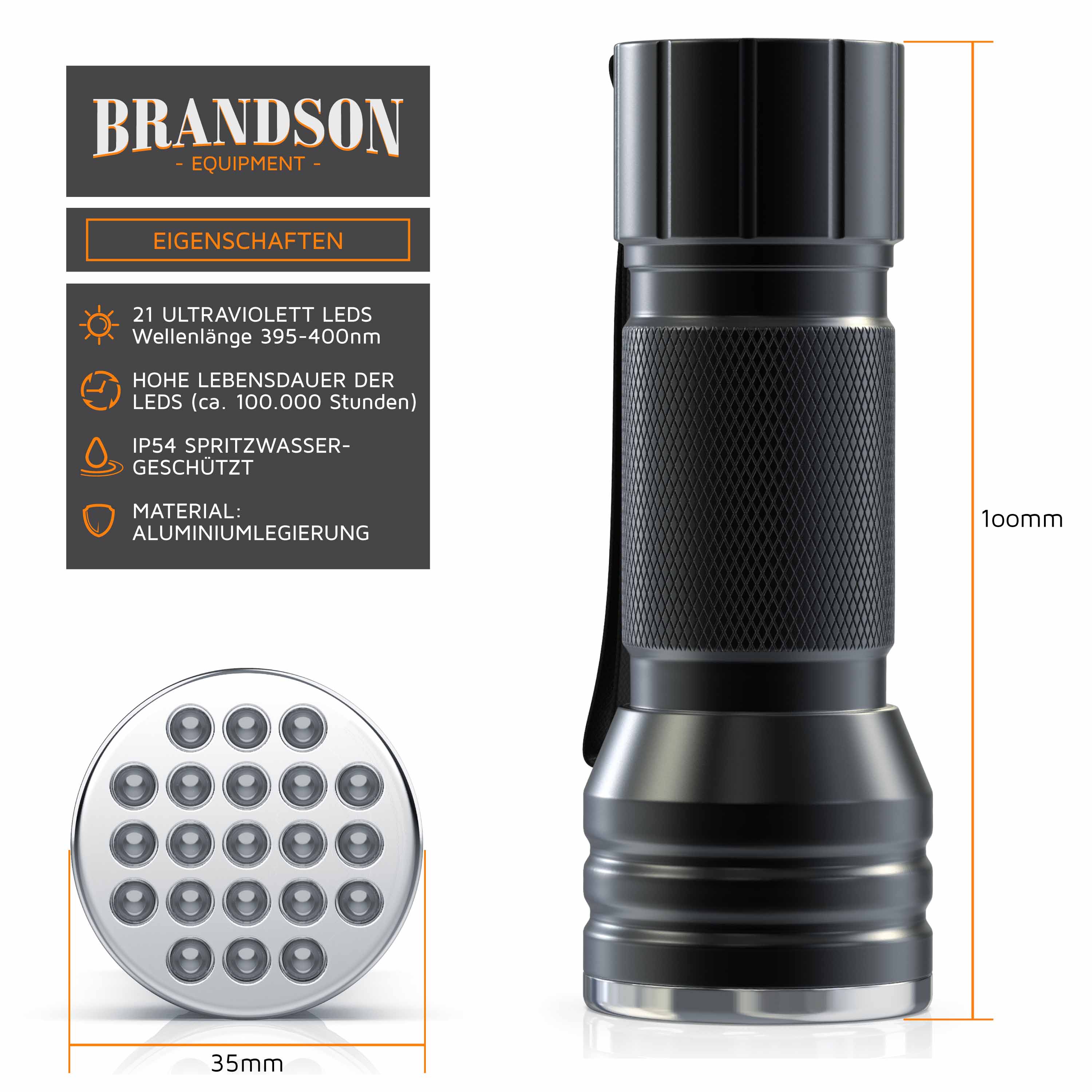 Brandson UV-Lampe mit 21 UV-LEDs, Aluminiumgehäuse, IP54 spritzwassergeschützt, kompakte Bauform mit Tragegriff.