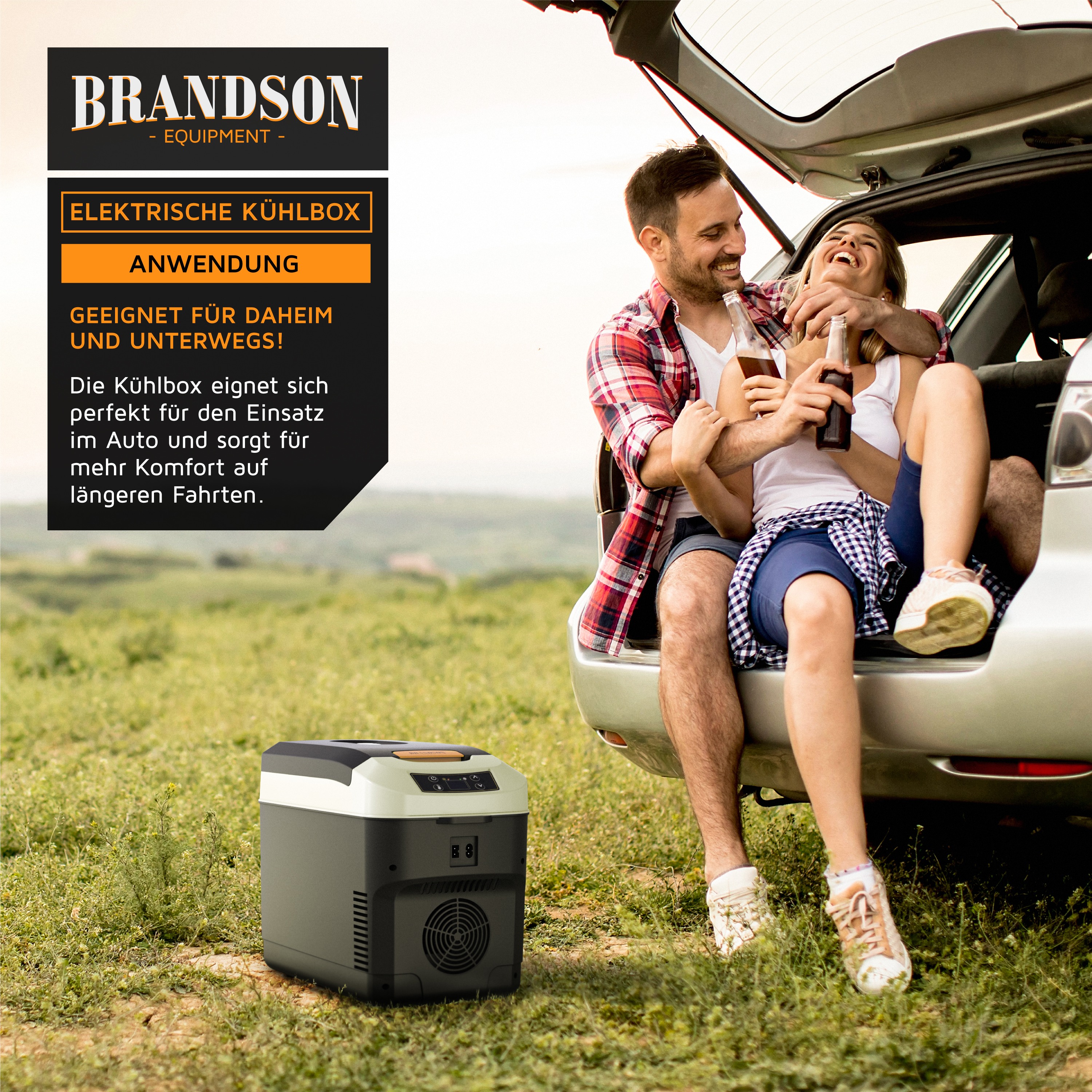 Brandson elektrische Kühlbox in einem Auto, grau und schwarz, mit Bedienfeld und Tragegriff, ideal für Ausflüge und längere Fahrten.