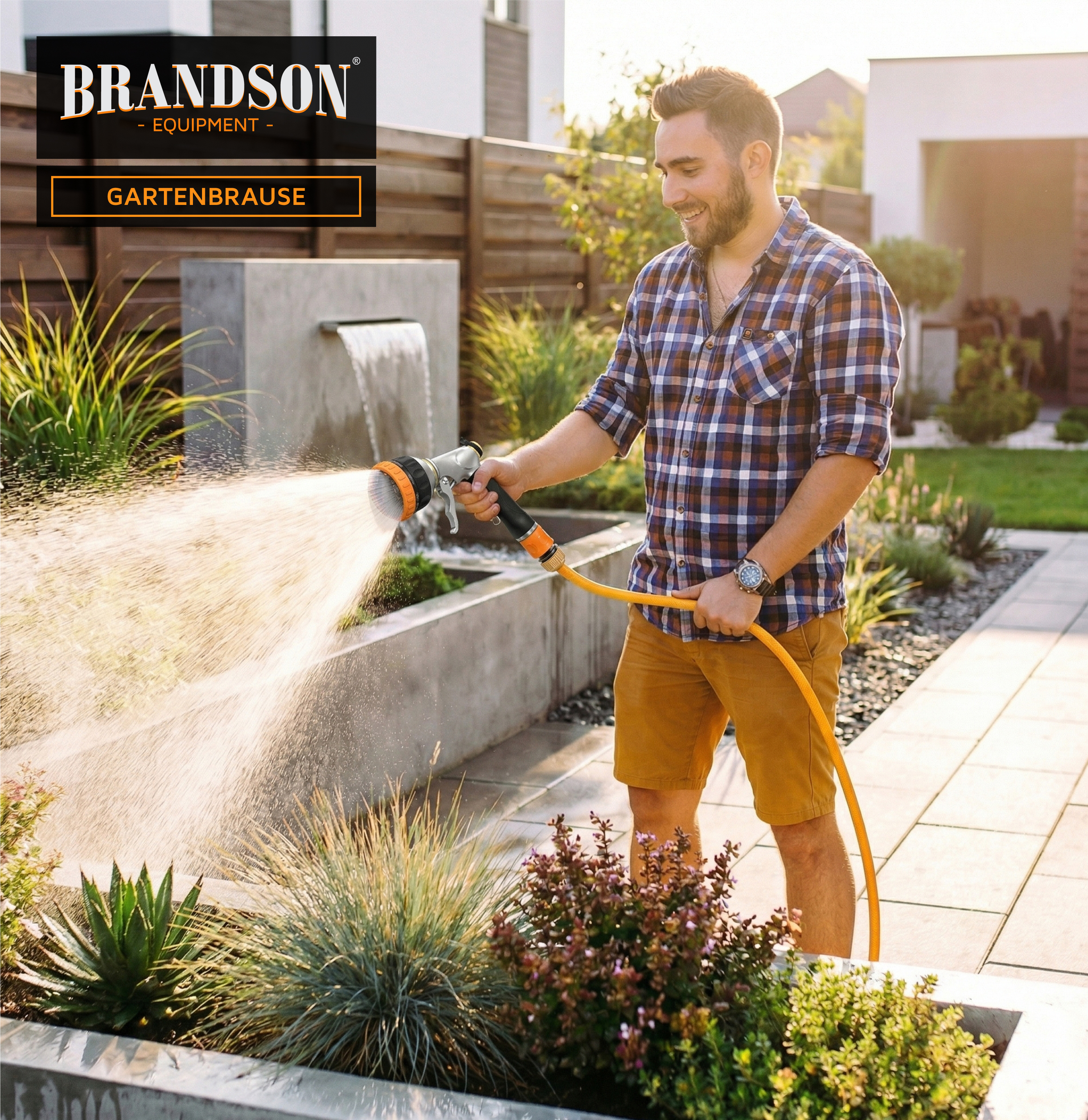 Brandson Gartenbrause mit ergonomischem Griff und verschiedenen Sprühfunktionen, im Einsatz zur Bewässerung von Pflanzen im Garten.