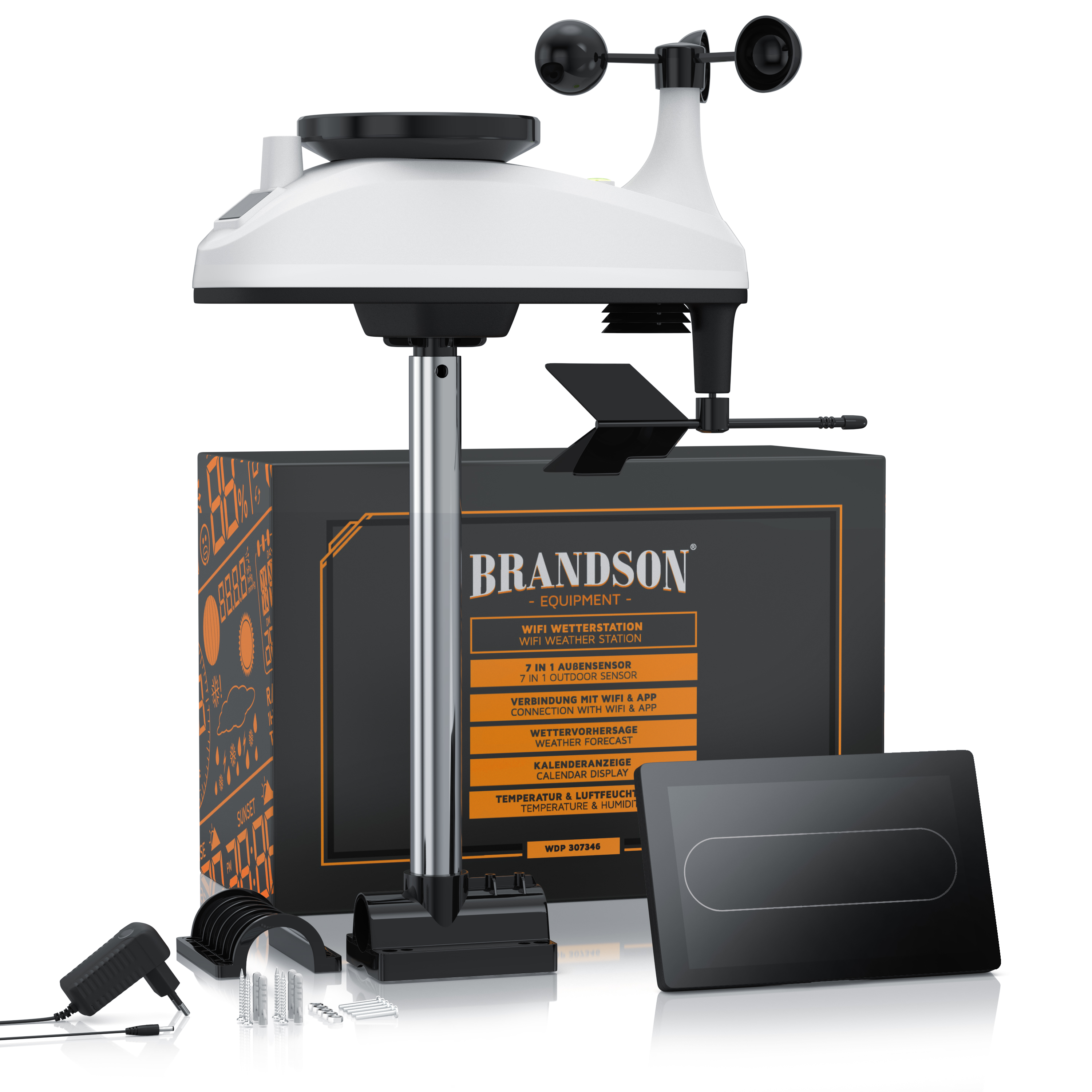Brandson WLAN-Wetterstation mit Außensensor, schlankes Design, schwarz-weiße Farbe, inklusive Anzeige- und Montagezubehör.