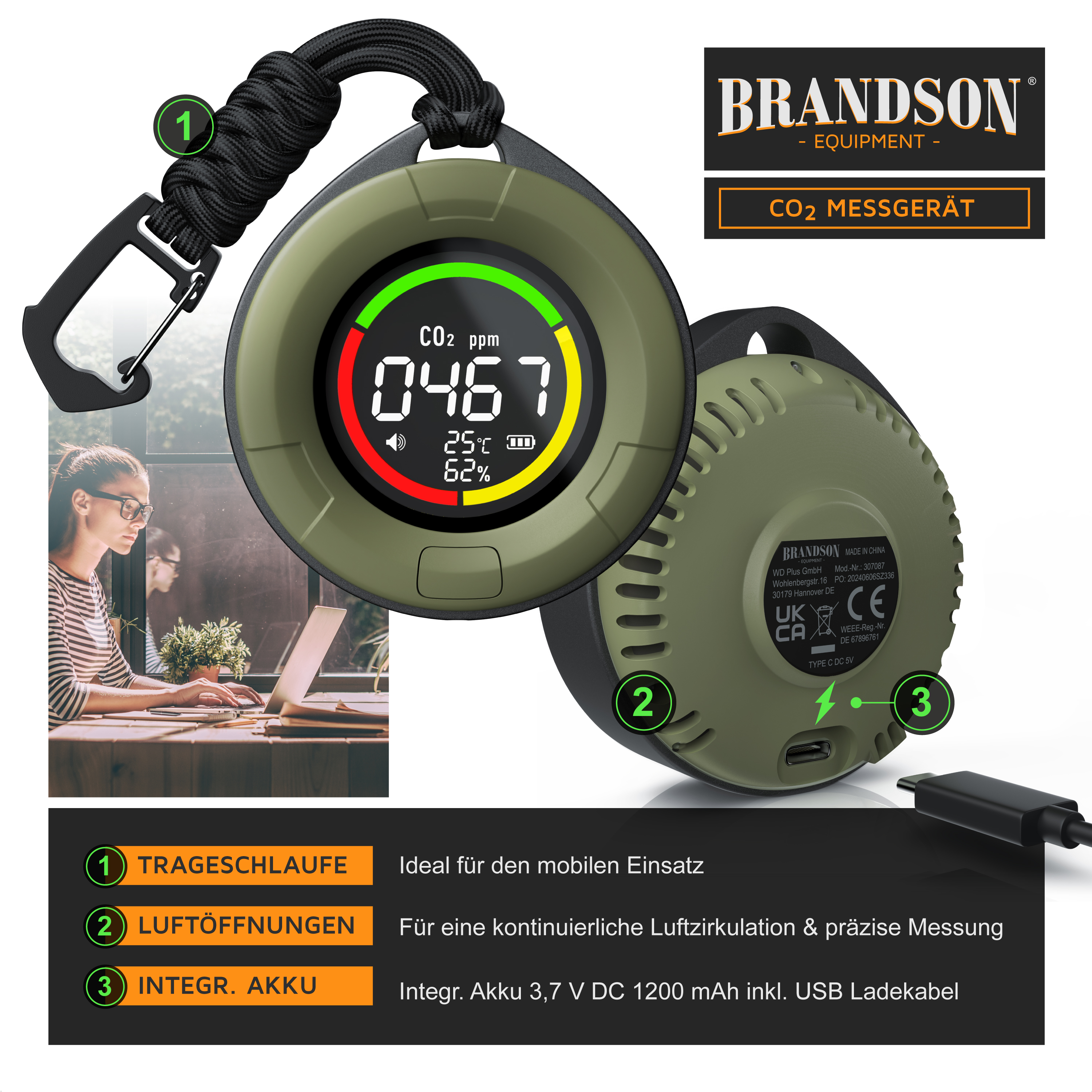 Brandson CO2-Messgerät mit rundem Display zur Anzeige von CO2-Werten, Temperatur und Luftfeuchtigkeit, mit Tragegurt und USB-Ladeanschluss.