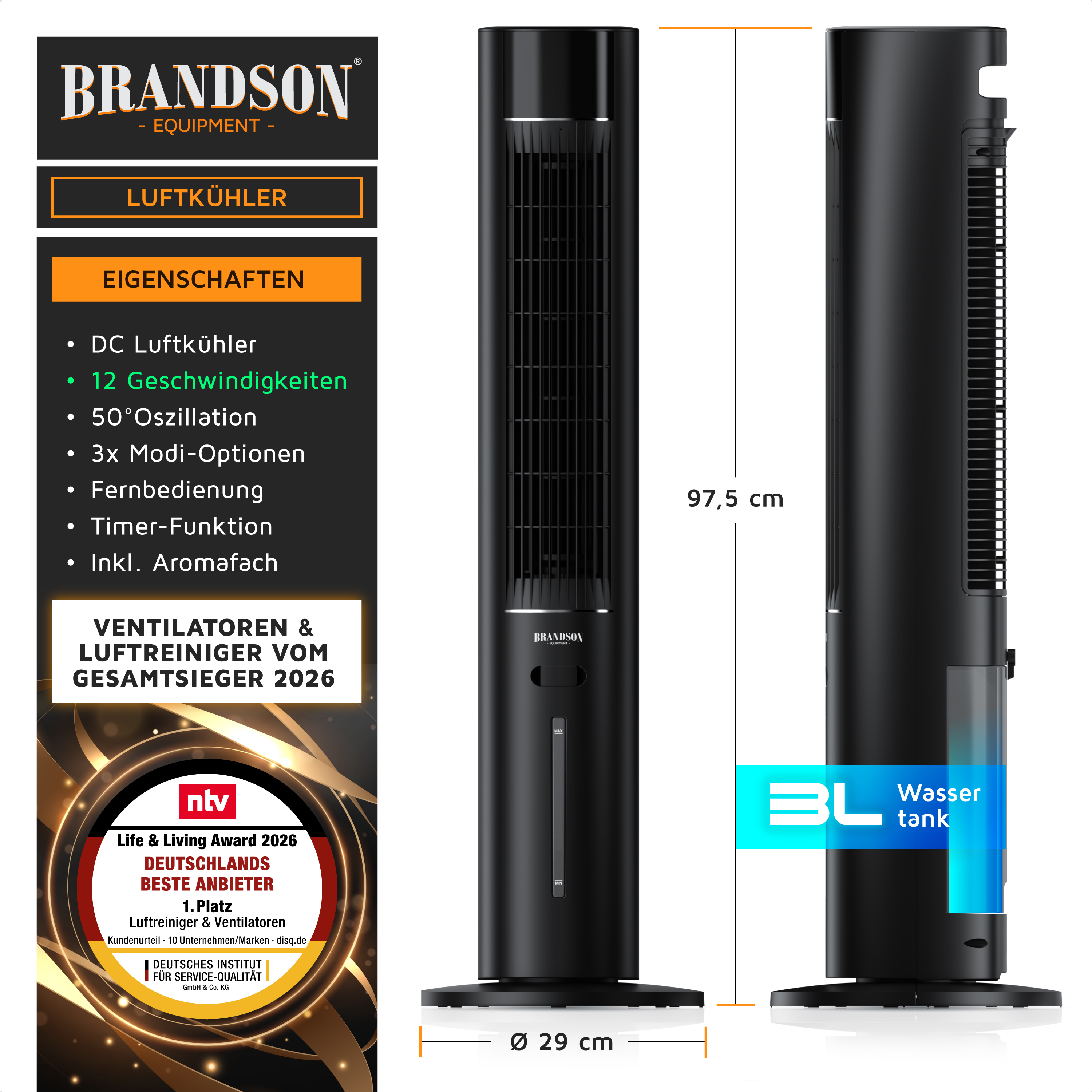 Brandson Luftkühler in schwarzer Farbe mit schlanker Bauform, Fernbedienung, Timer-Funktion und Aromafach, ideal für den Einsatz in Wohnräumen.
