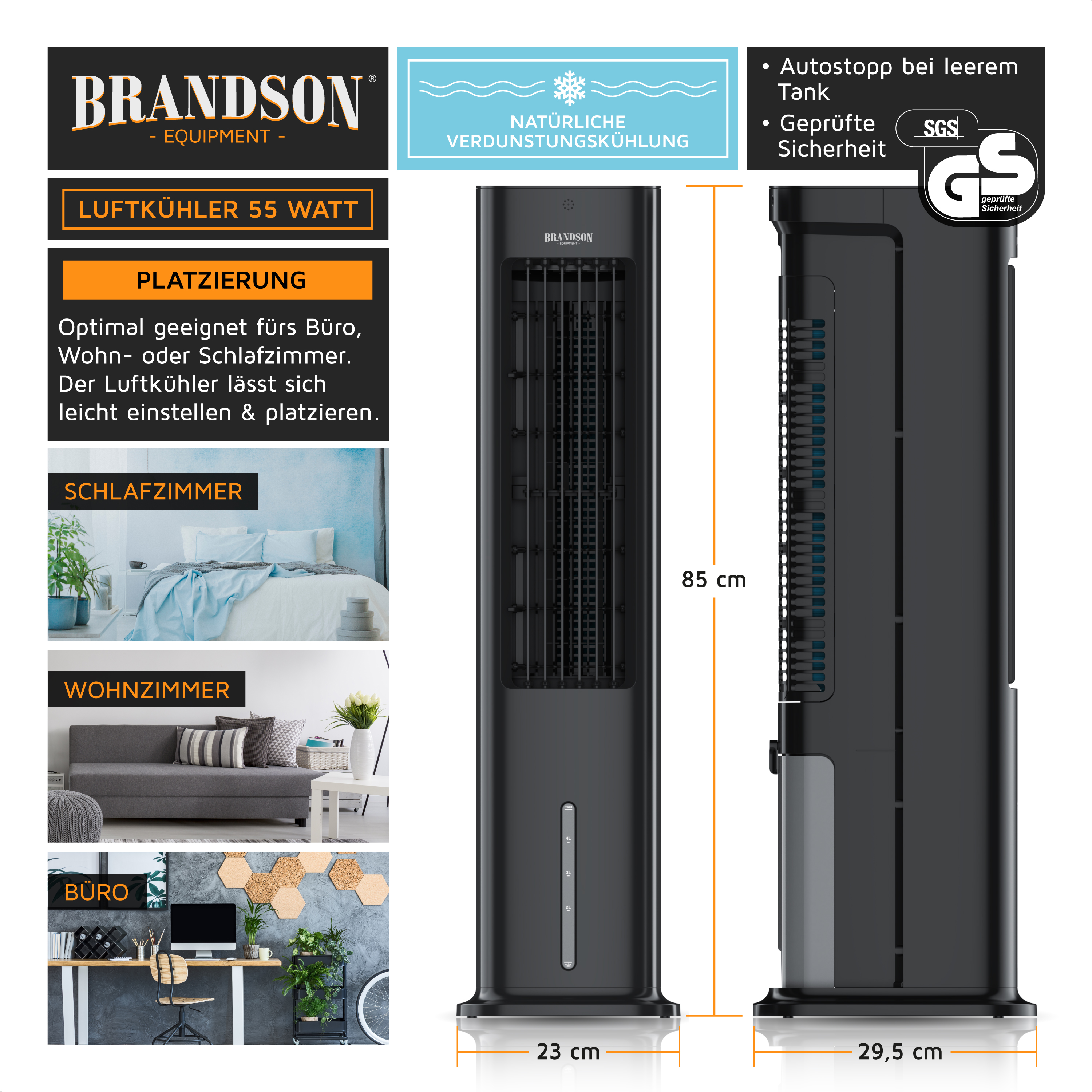 Brandson Luftkühler in Schwarz mit einem schlanken Design, Bedienfeld und einer Höhe von 85 cm, ideal für Büros und Wohnräume.