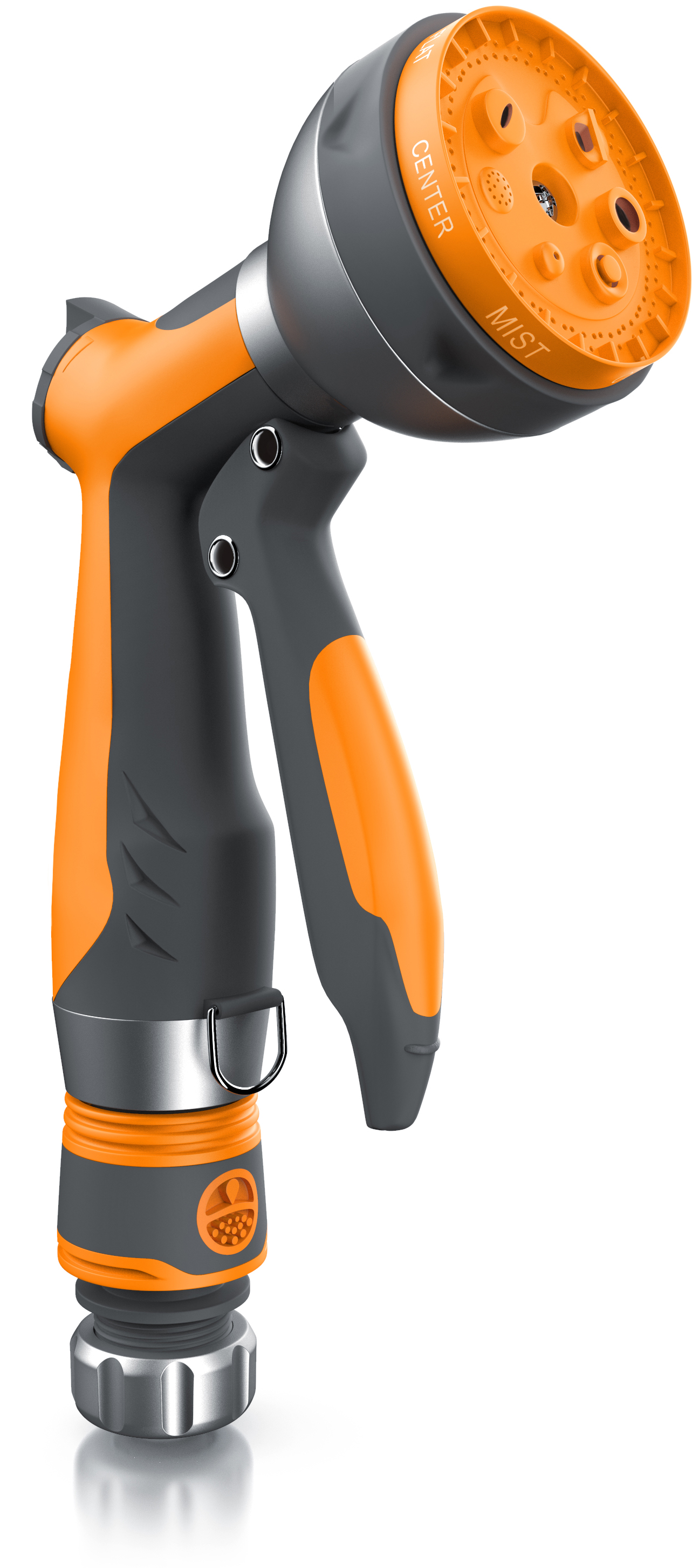 Brandson-Gartenschlauchdüse mit ergonomischem Griff, orange-graues Design, einstellbare Sprühmuster einschließlich Nebel und Mitte.