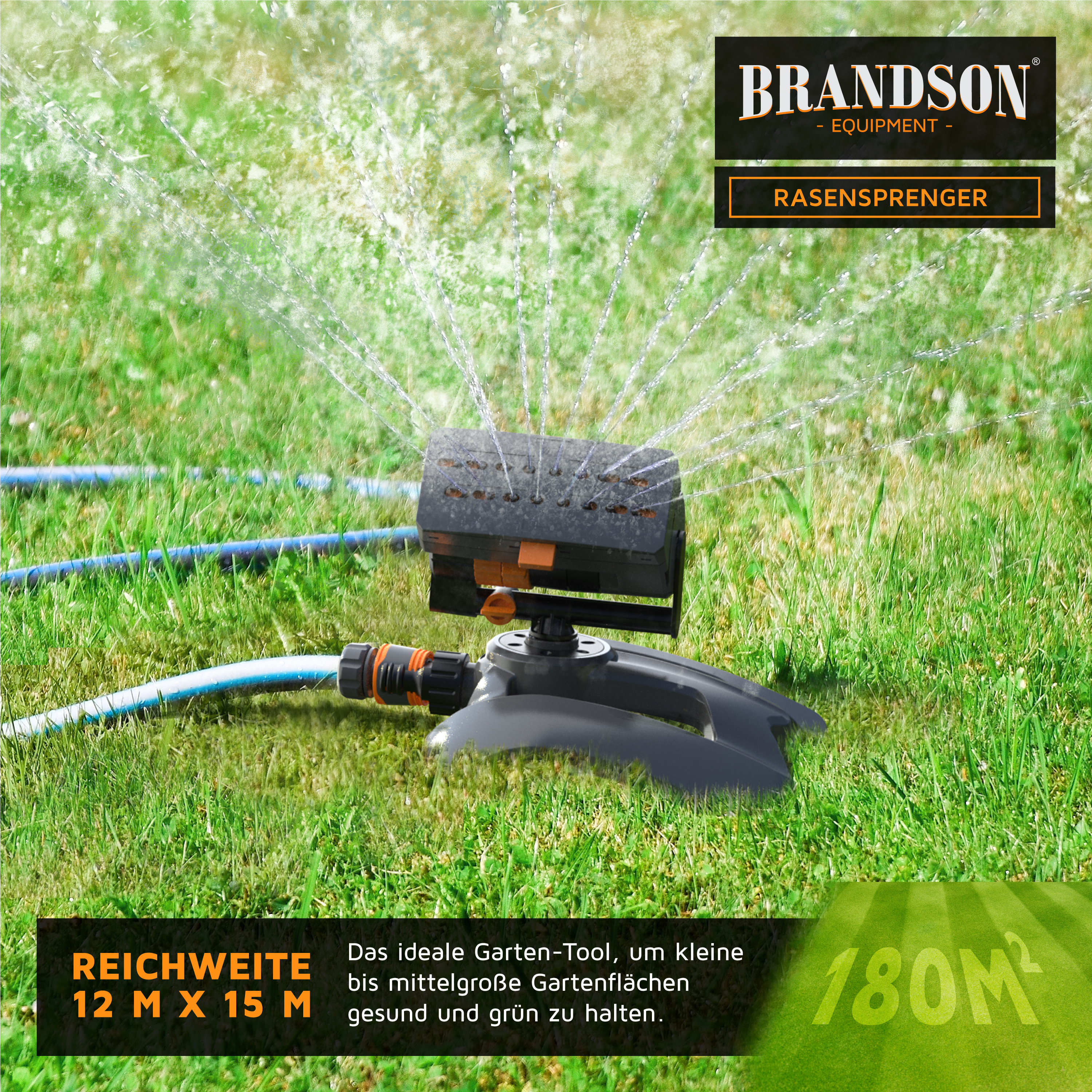 Brandson Rasensprenger mit schwarzem Sprühkopf, stabiler Basis und orangefarbenen Akzenten, ideal für die Bewässerung von Gartenflächen.