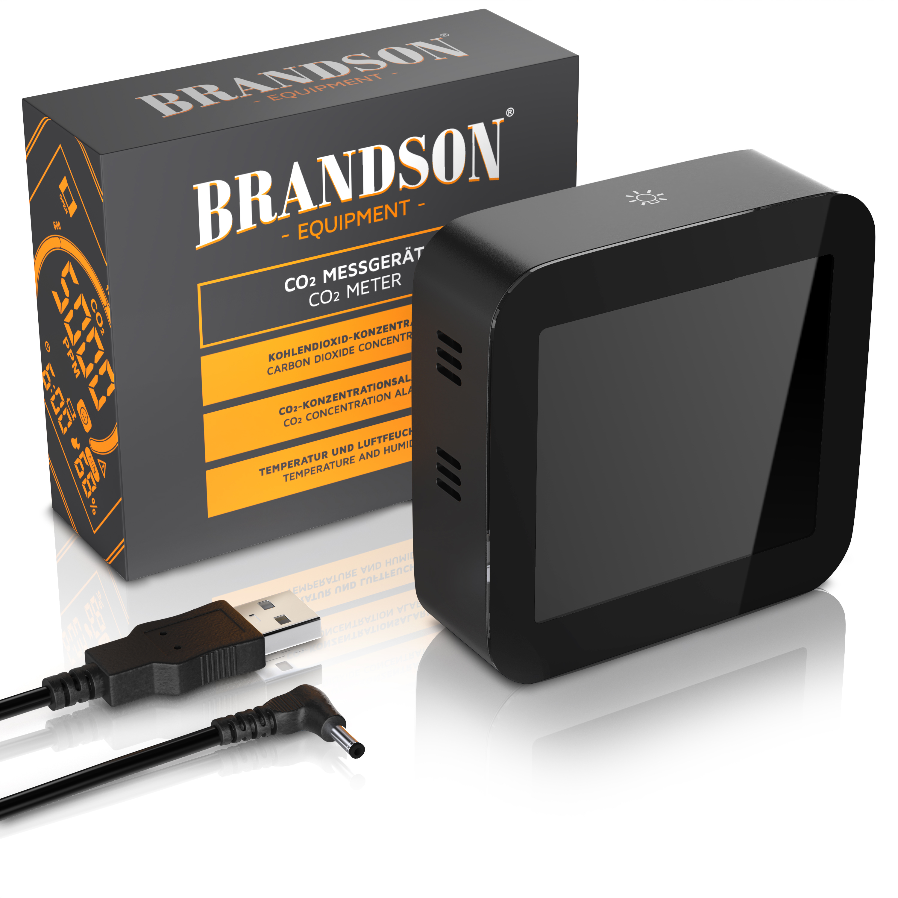 Brandson CO2-Messgerät in schwarzer Farbe mit digitalem Display, USB-Anschluss und Verpackung im Hintergrund.
