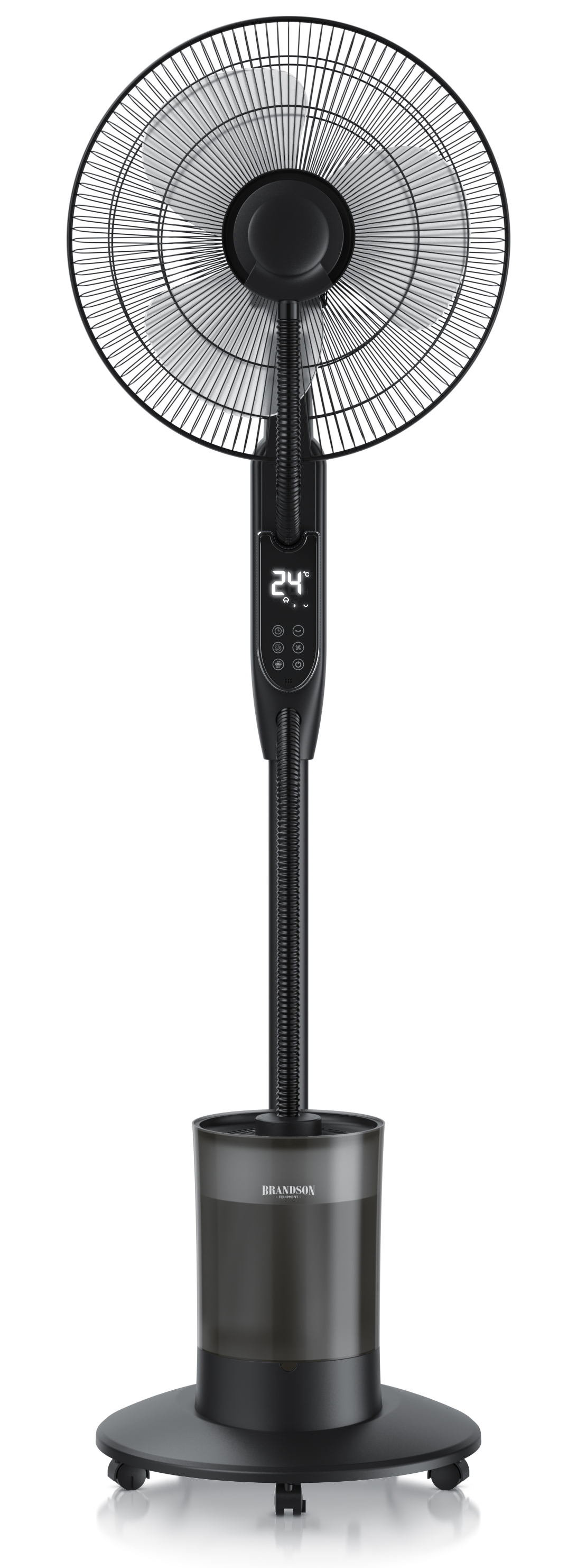 Brandson Turmventilator in Schwarz mit Digitalanzeige, Fernbedienung und stabilem Sockel auf Rädern für einfache Mobilität.