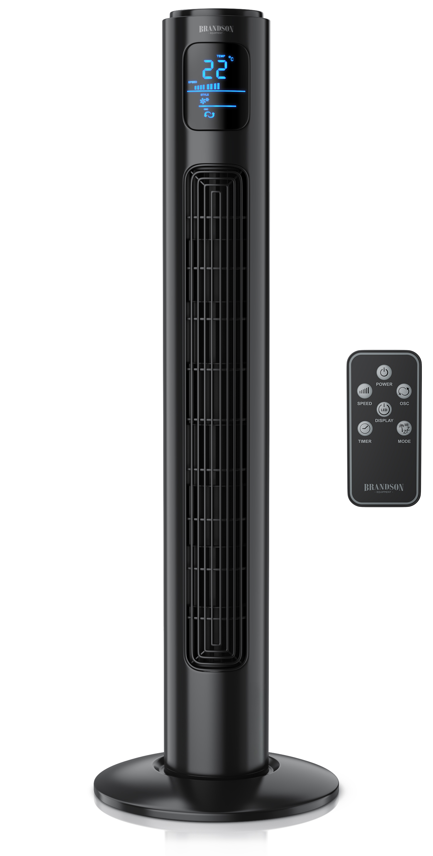 Brandson Turmventilator in Schwarz mit Digitalanzeige und Fernbedienung, elegantem Design und stabilem Sockel.