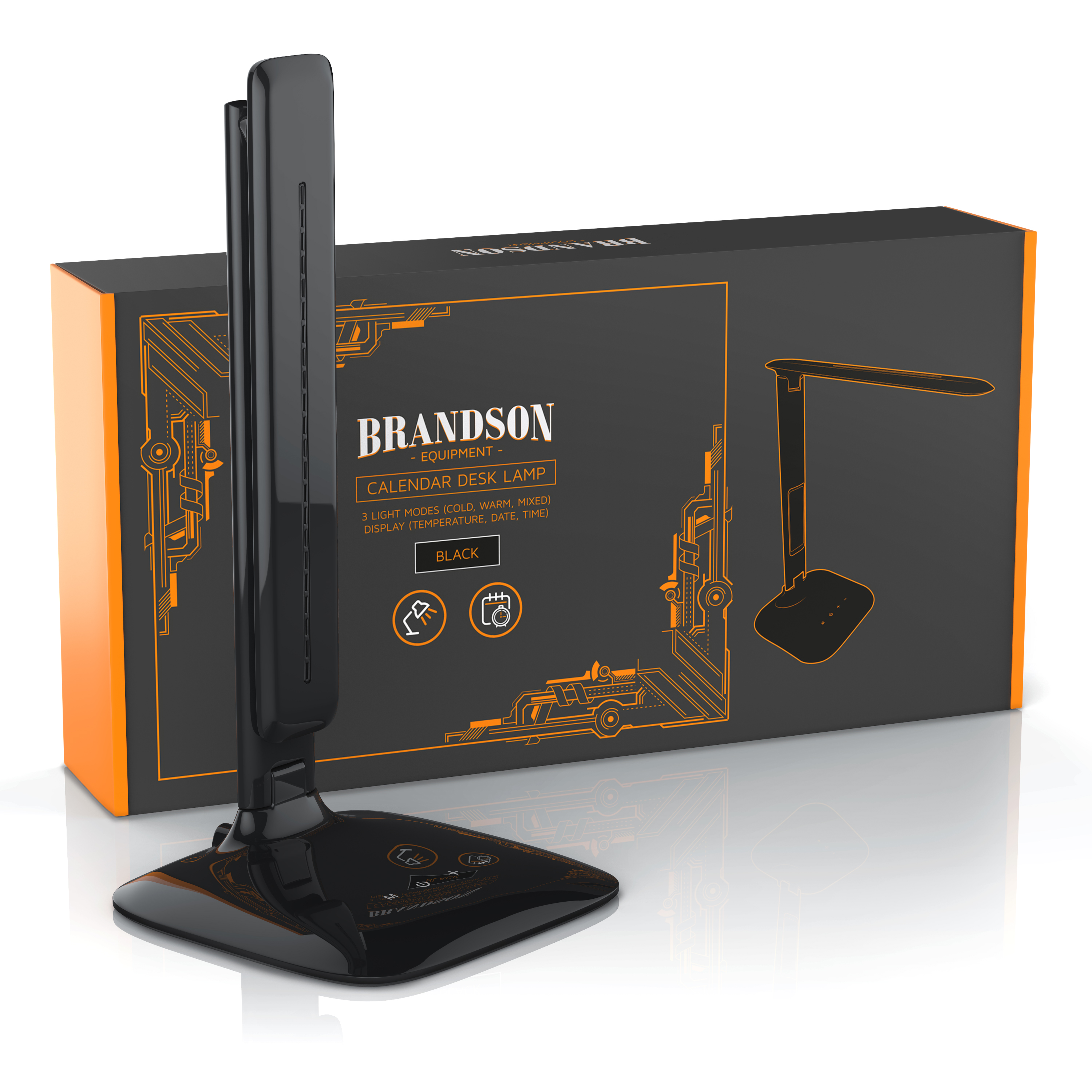 Brandson-Schreibtischlampe in Schwarz mit schlankem Design, Touch-Bedienfeld und einem Display mit Temperatur- und Datumsanzeige.