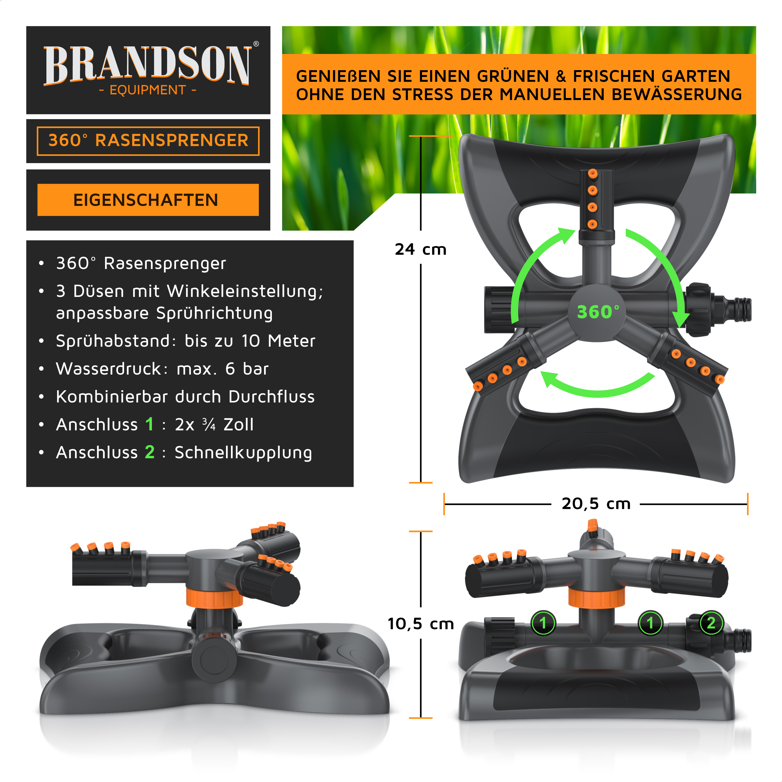 Brandson 360° Rasensprenger mit drei Düsen, anpassbarer Sprührichtung und stabiler Basis in Schwarz und Orange.