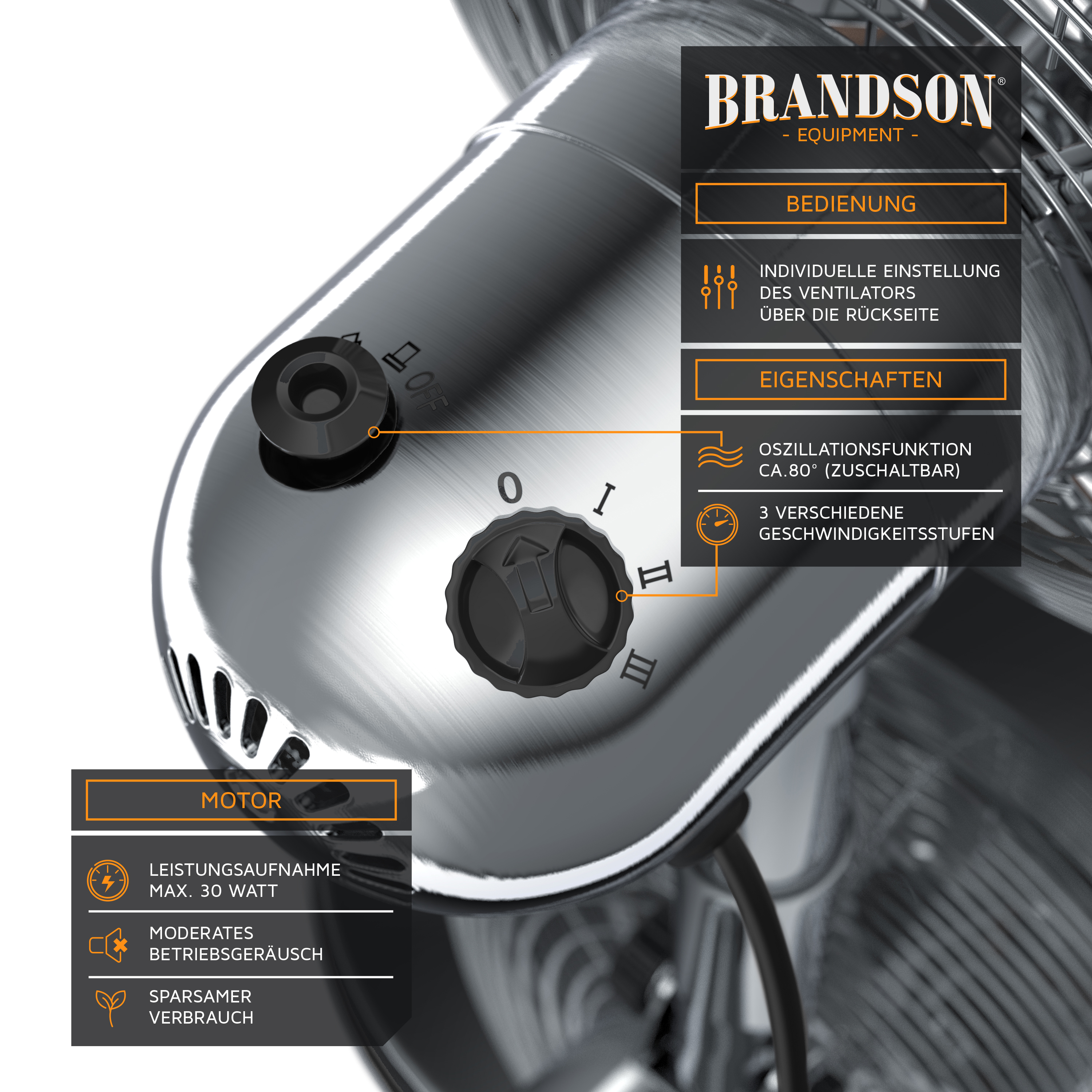 Brandson Standventilator mit verchromtem Gehäuse, Bedienknöpfen für Geschwindigkeitsstufen und Oszillation, Rückansicht mit Kabel.
