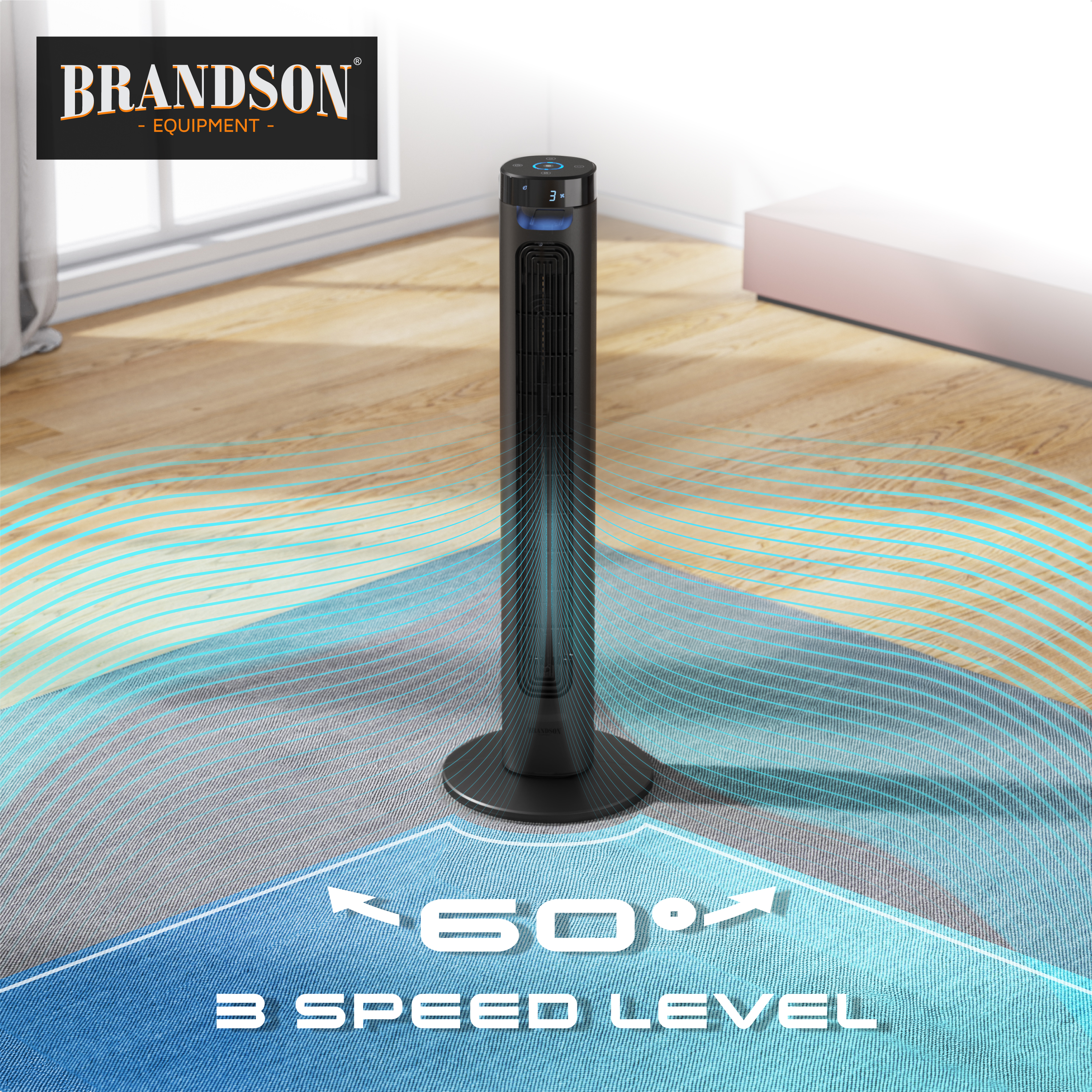 Brandson Turmventilator in Schwarz mit schlankem Design, digitaler Anzeige und 60°-Oszillationsfunktion für effiziente Luftzirkulation.
