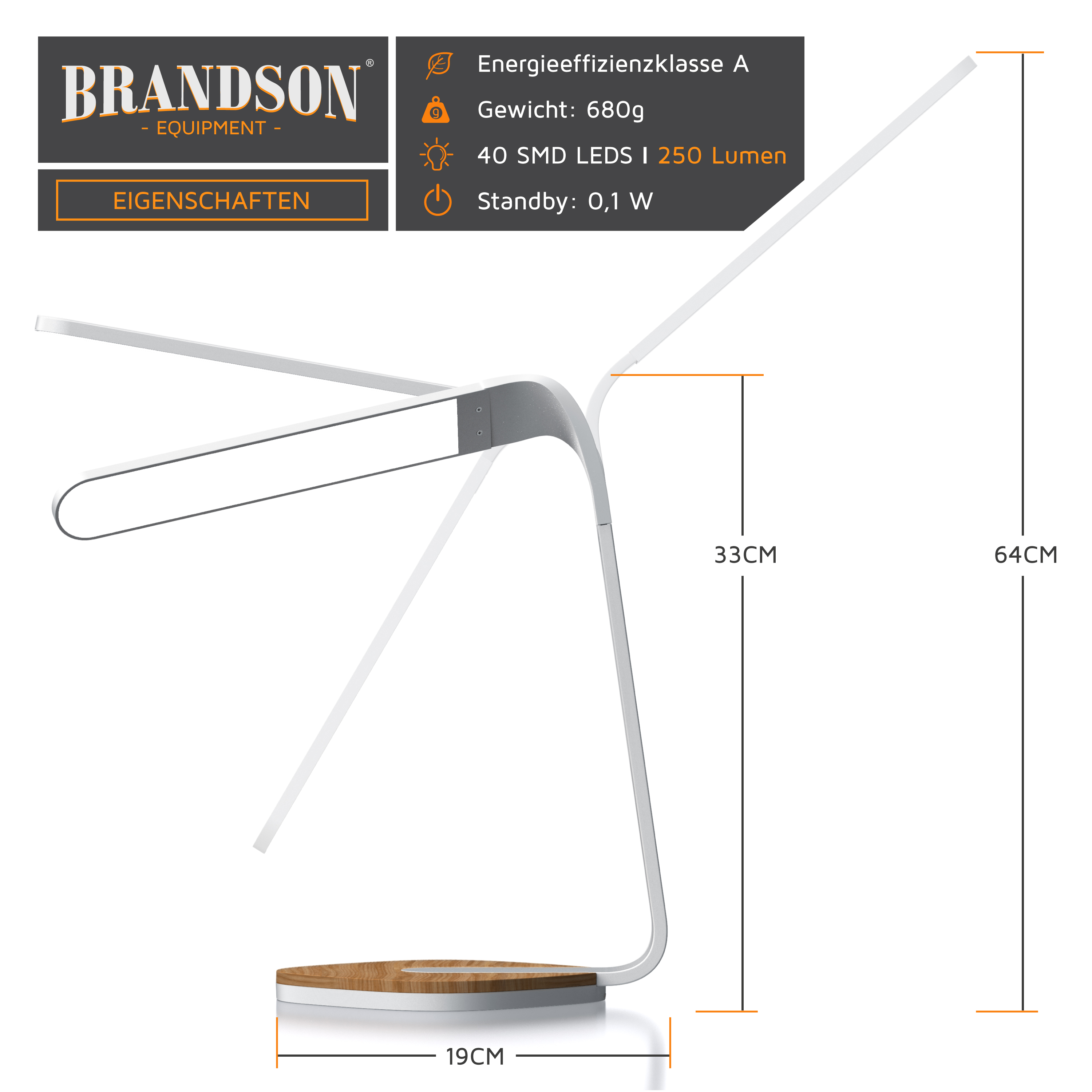 Brandson LED-Schreibtischlampe mit modernem Design, weißem Gehäuse und Holzsockel, flexibel verstellbar für optimale Beleuchtung.