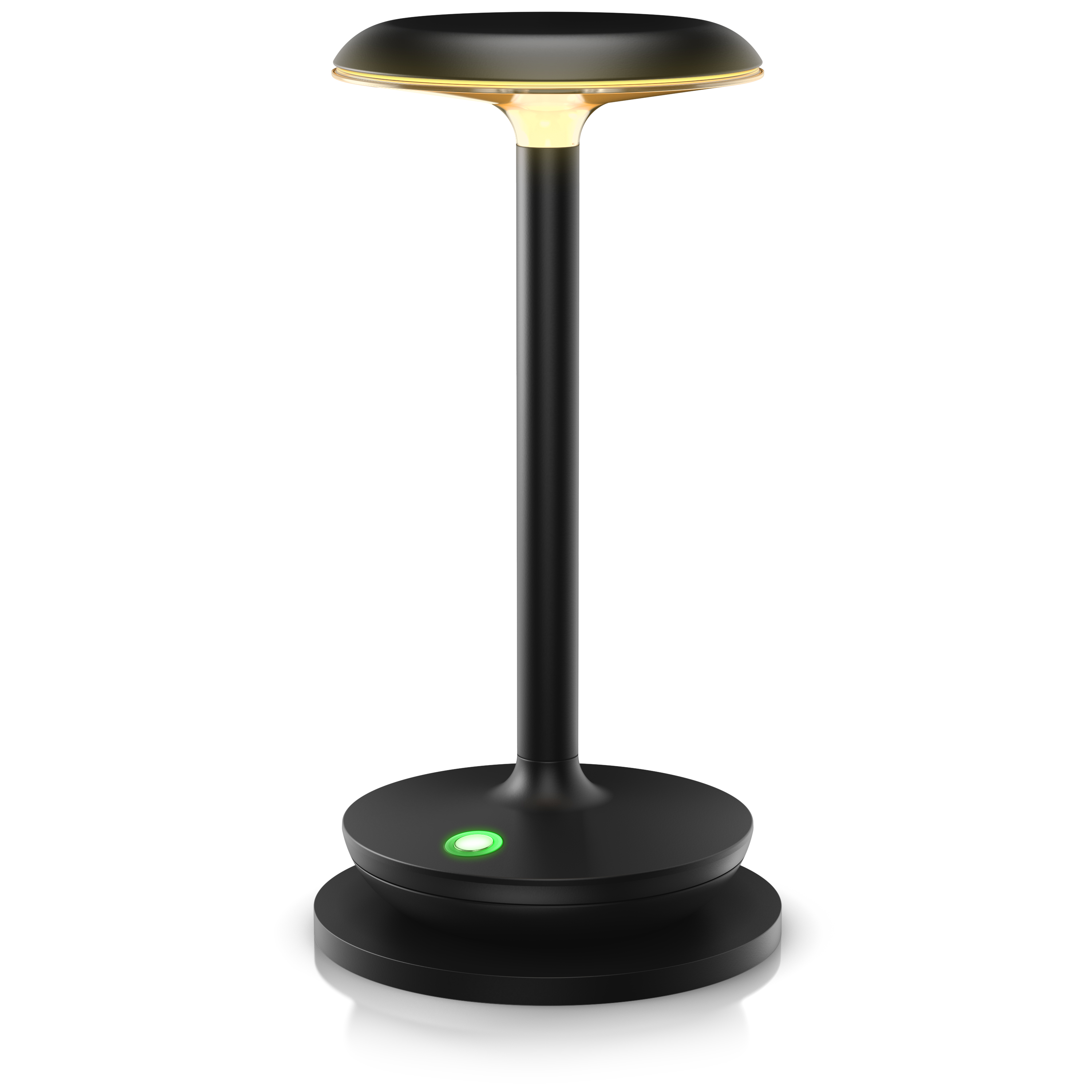 Brandson Tischlampe in Schwarz mit rundem Sockel und transparentem Lampenschirm, ausgestattet mit einem grünen Bedienknopf.