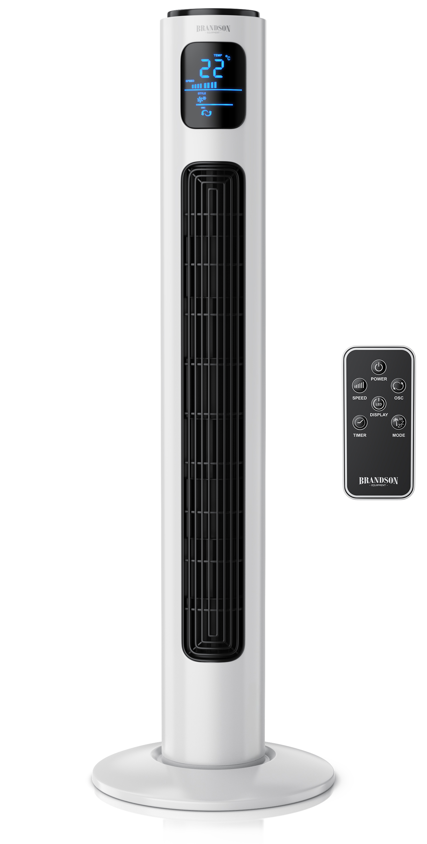 Brandson Turmventilator in Weiß mit Digitalanzeige und Fernbedienung, elegantem Design und stabilem Standfuß.