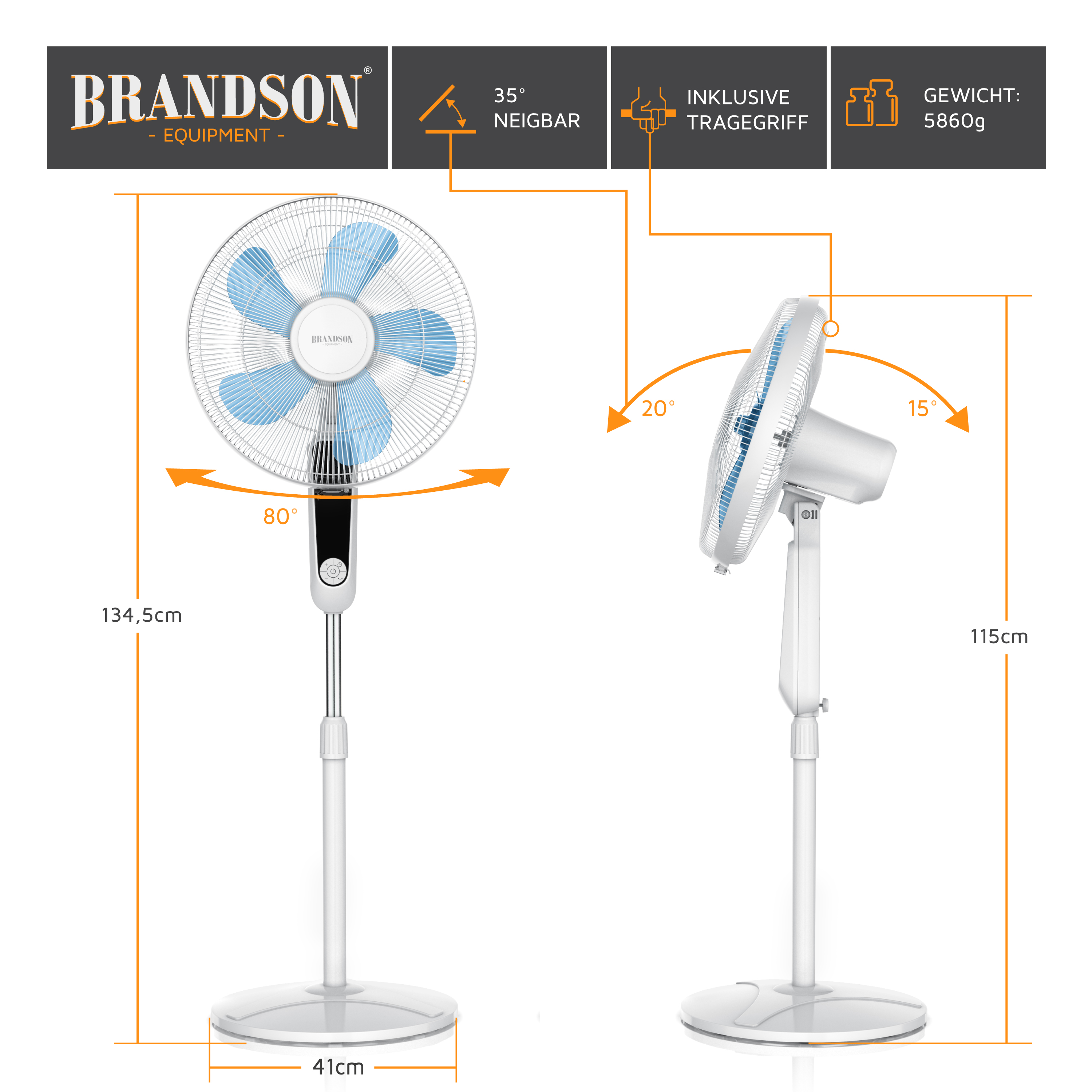 Standventilator von Brandson mit weißem Sockel, verstellbarer Höhe, blauen Flügeln und Tragegriff für einfachen Transport.