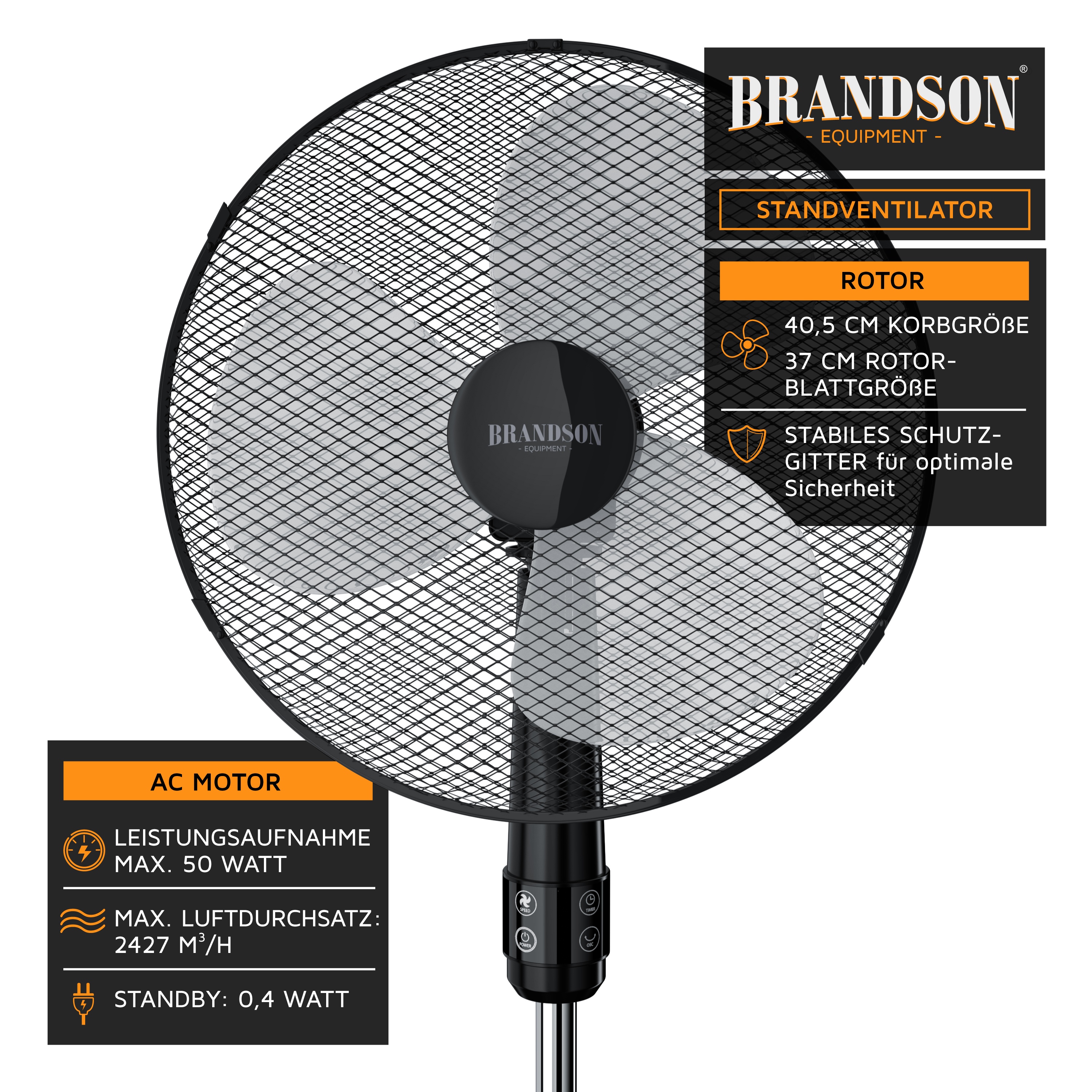 Brandson Standventilator mit Schutzgitter mit 40,5 cm Durchmesser, schwarzer Farbe und Bedienfeld für einstellbare Einstellungen.