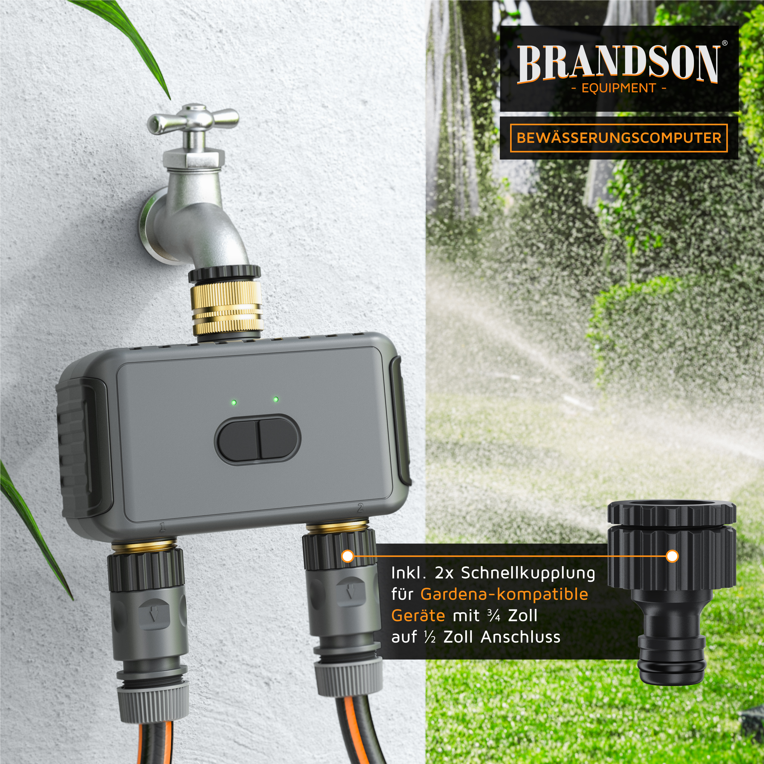 Brandson-Bewässerungscomputer mit grauem Gehäuse, zwei Schnellkupplungen und einem sichtbaren Bedienknopf, montiert an einer Wand in der Nähe eines Wasserhahns.