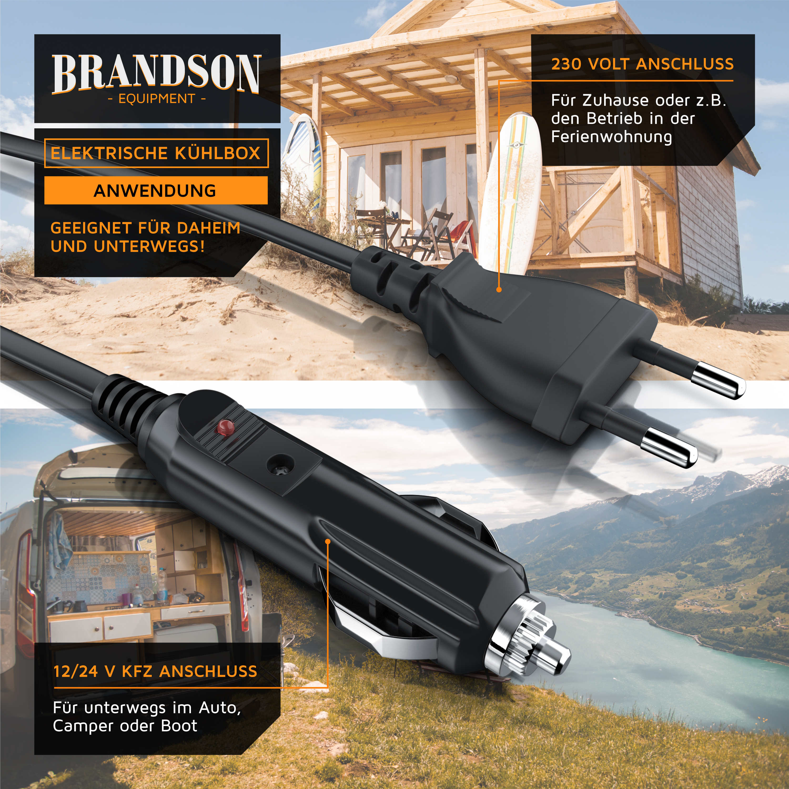 Brandson elektrische Kühlbox mit 230 Volt Anschluss und 12/24 V KFZ Anschluss, geeignet für Zuhause und unterwegs.