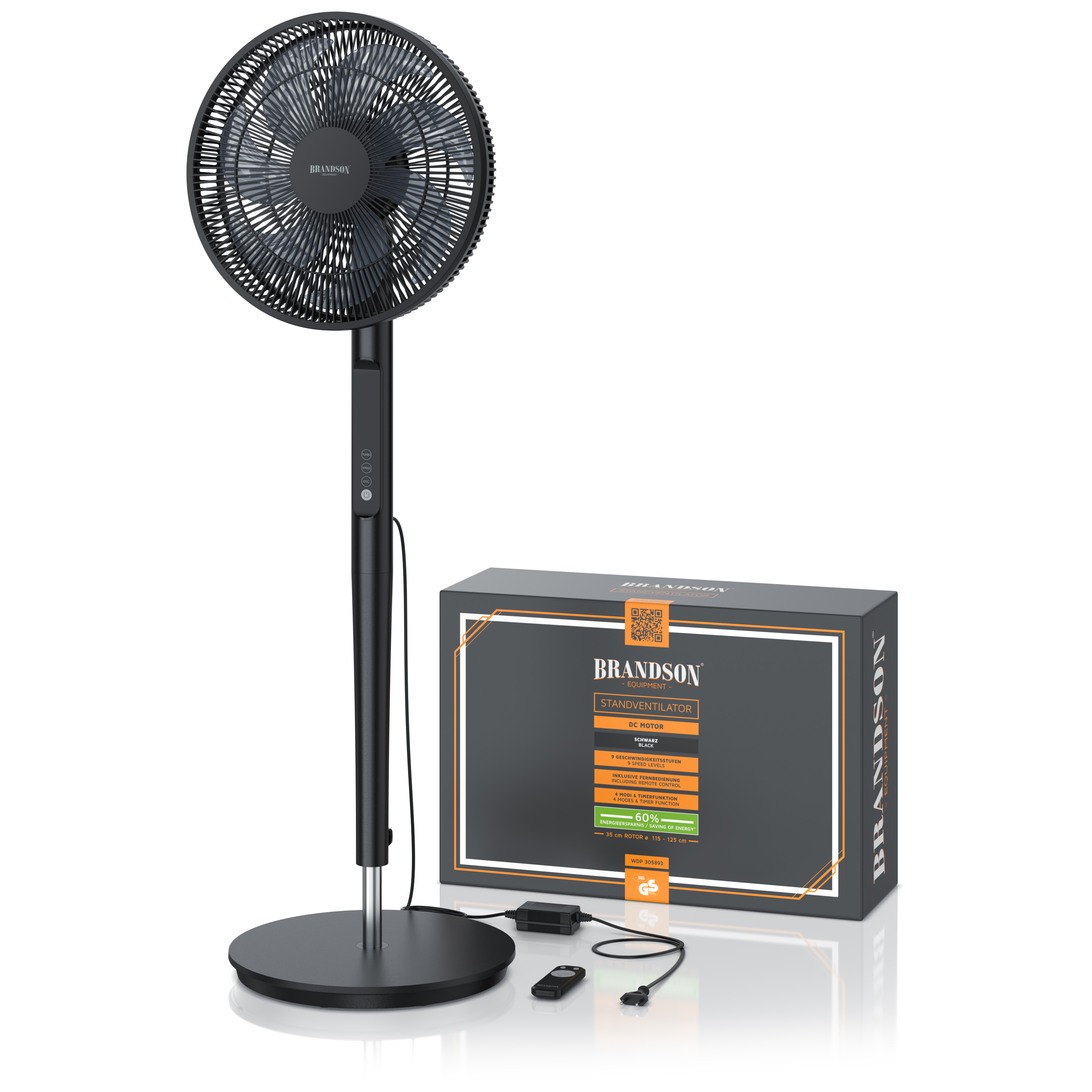 Brandson Standventilator in Schwarz mit runder Basis, Bedienfeld, Fernbedienung und Verpackung, ideal für den Einsatz im Innenbereich.
