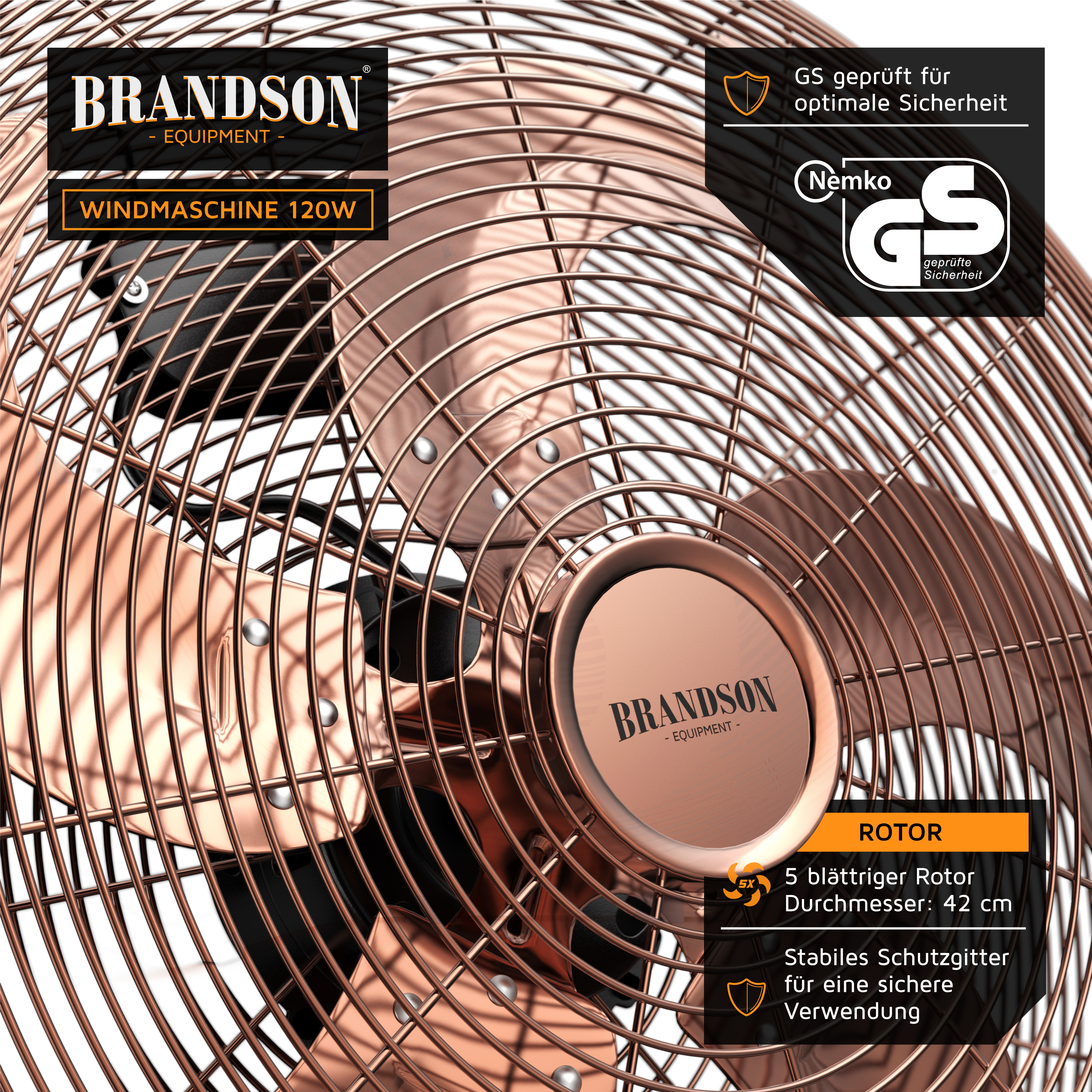 Windmaschine von Brandson mit kupferfarbenem Metallrahmen, 5-Blatt-Rotor und Schutzgitter für sicheren Betrieb.