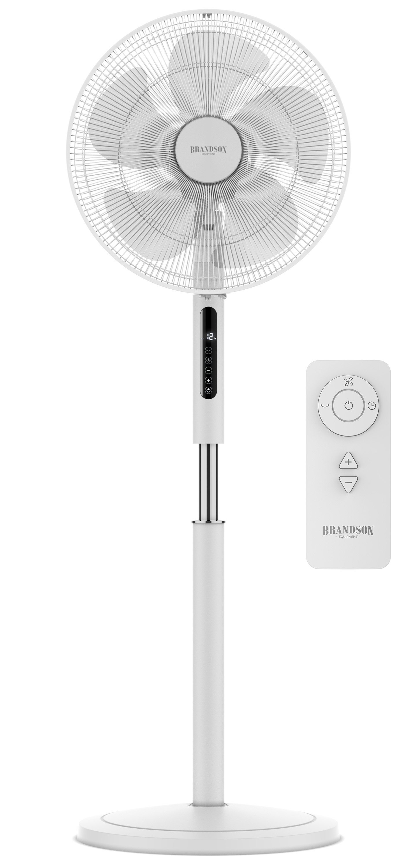 Brandson Standventilator in Weiß mit elegantem Design, Fernbedienung und Digitalanzeige für einfache Bedienung.