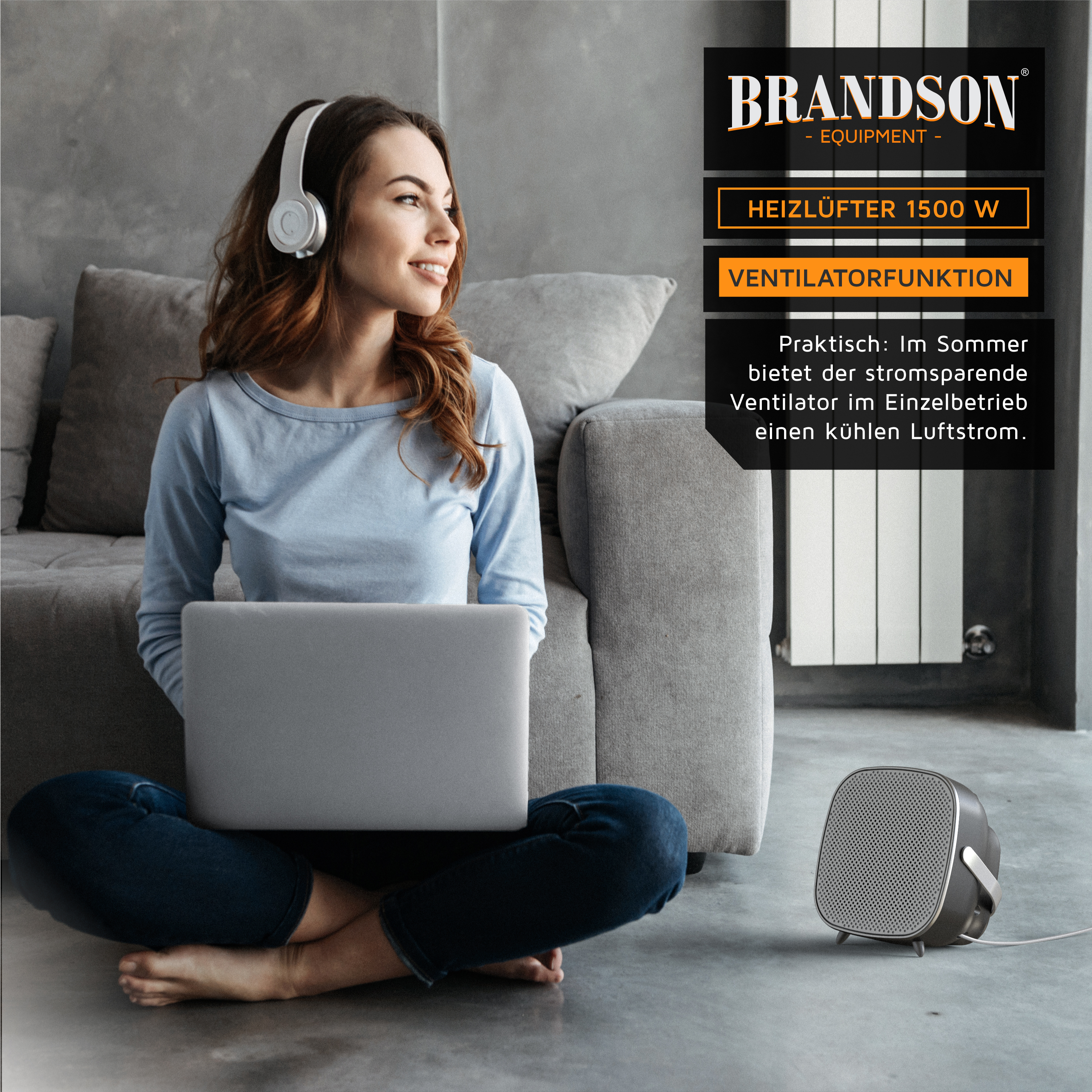 Brandson Heizlüfter mit Ventilatorfunktion in modernem Design, graue Farbe, kompakt, auf dem Boden stehend, genutzt in Wohnumgebung.