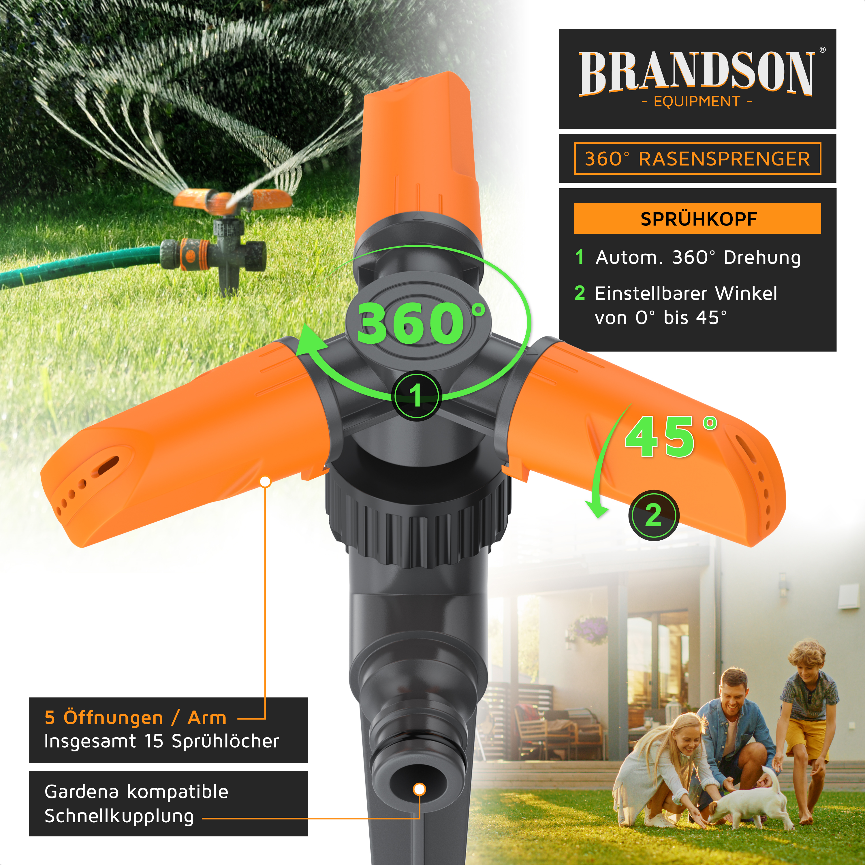 Brandson Rasensprenger mit 360° Drehung, orangefarbene Sprühköpfe, einstellbarer Winkel von 0° bis 45°, kompatibel mit Gardena Schnellkupplung.