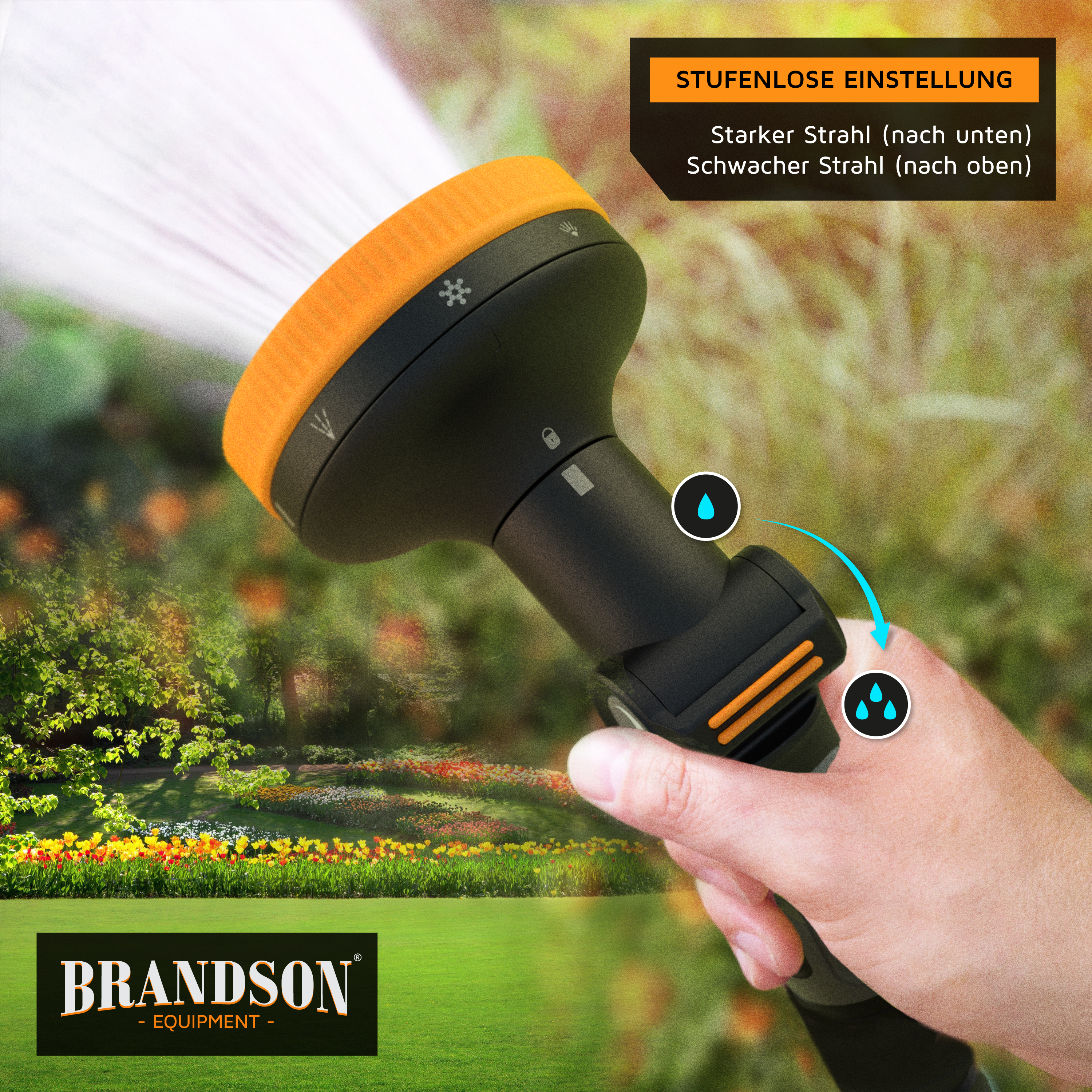 Brandson-Sprühgerät mit verstellbarer Düse, schwarzem Griff und orangefarbenen Akzenten, gezeigt im Einsatz in einer Gartenumgebung.