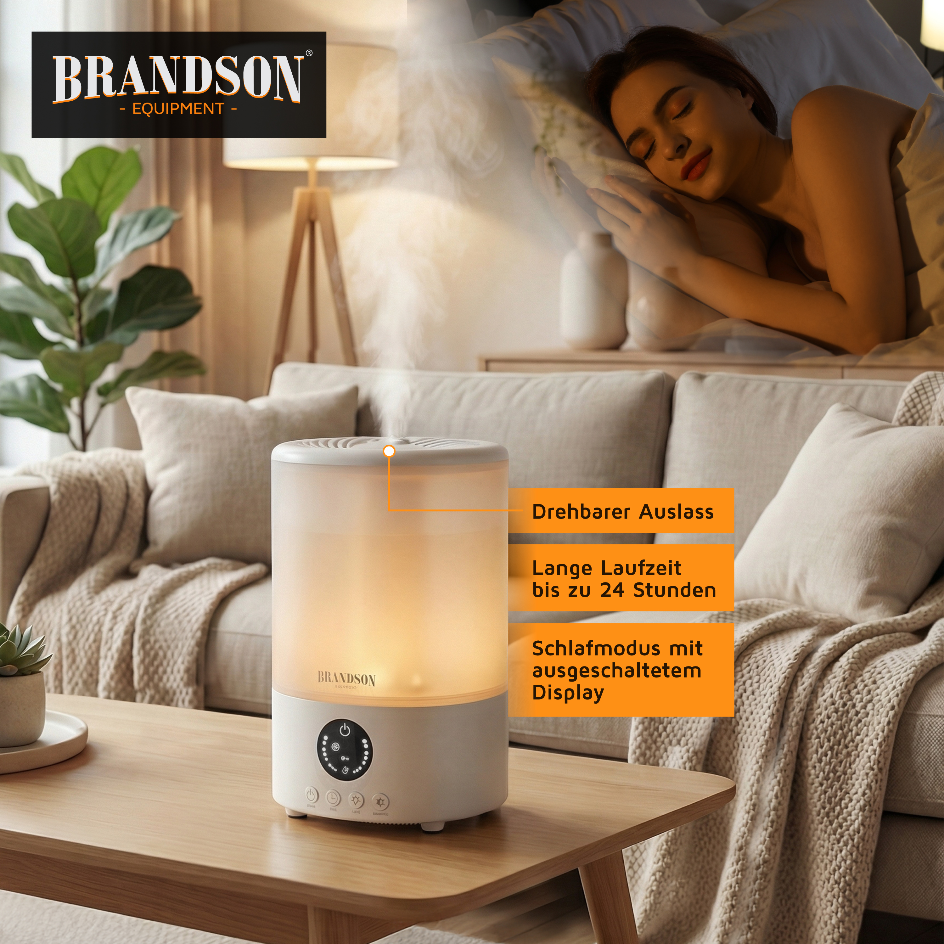 Brandson Luftbefeuchter mit drehbarem Auslass, transparentem Wassertank und Bedienfeld, ideal für Wohnräume.