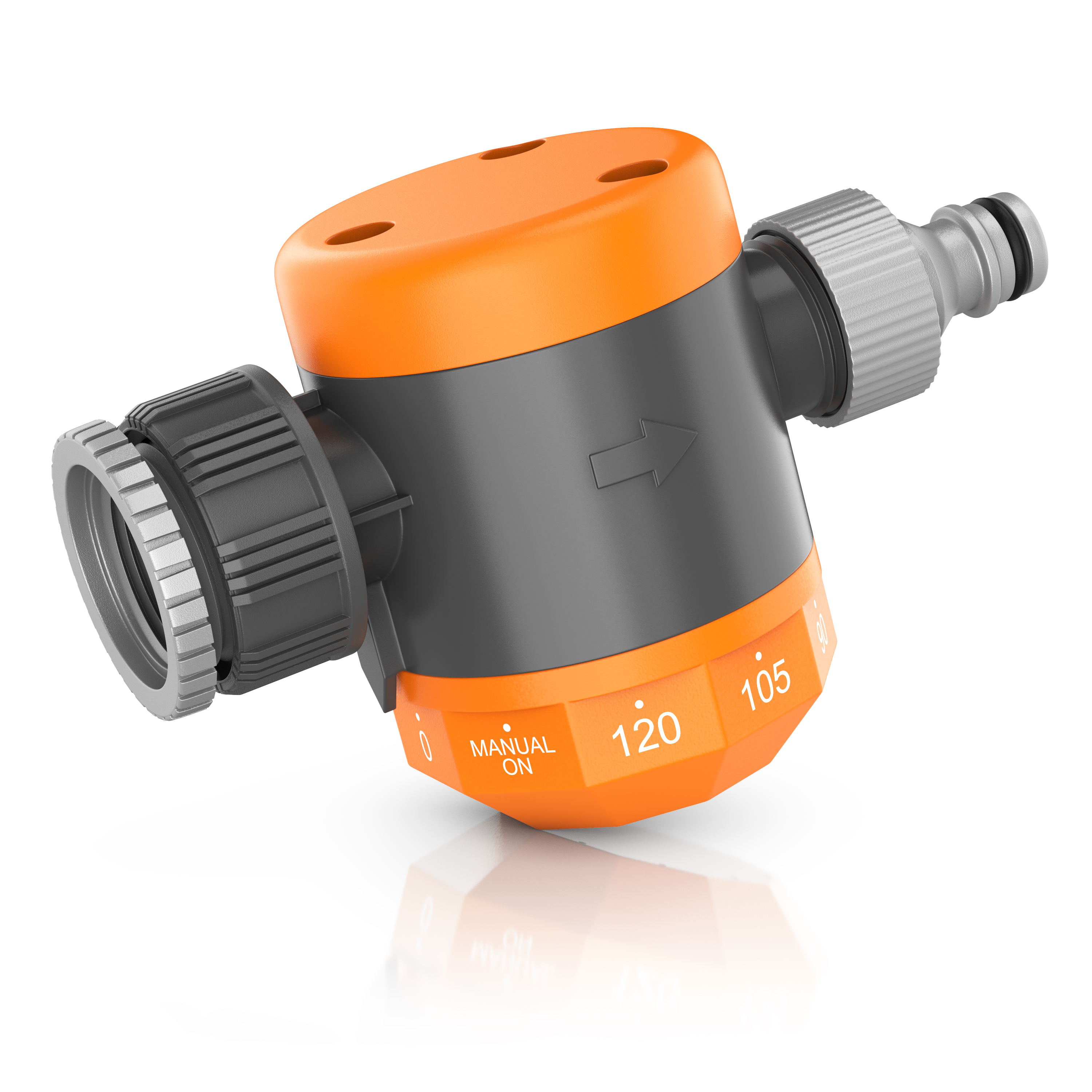 Brandson Wasserregler mit orangefarbenem Oberteil und grauem Gehäuse, drehbarem Bedienfeld und Anschluss für Gartenschlauch.