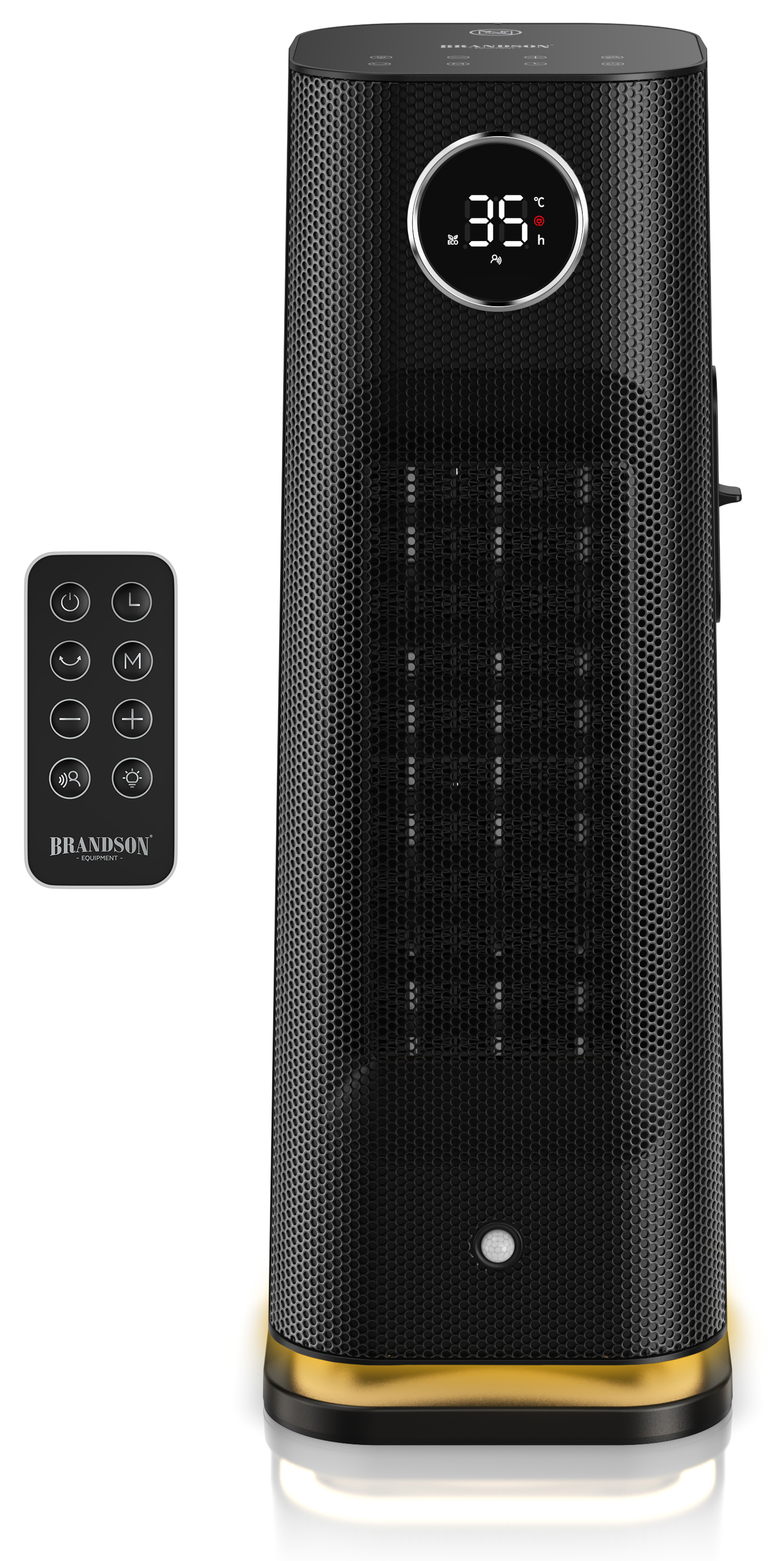Brandson Turmventilator in Schwarz mit goldenem Sockel, mit Digitalanzeige und Fernbedienung für einfache Bedienung.
