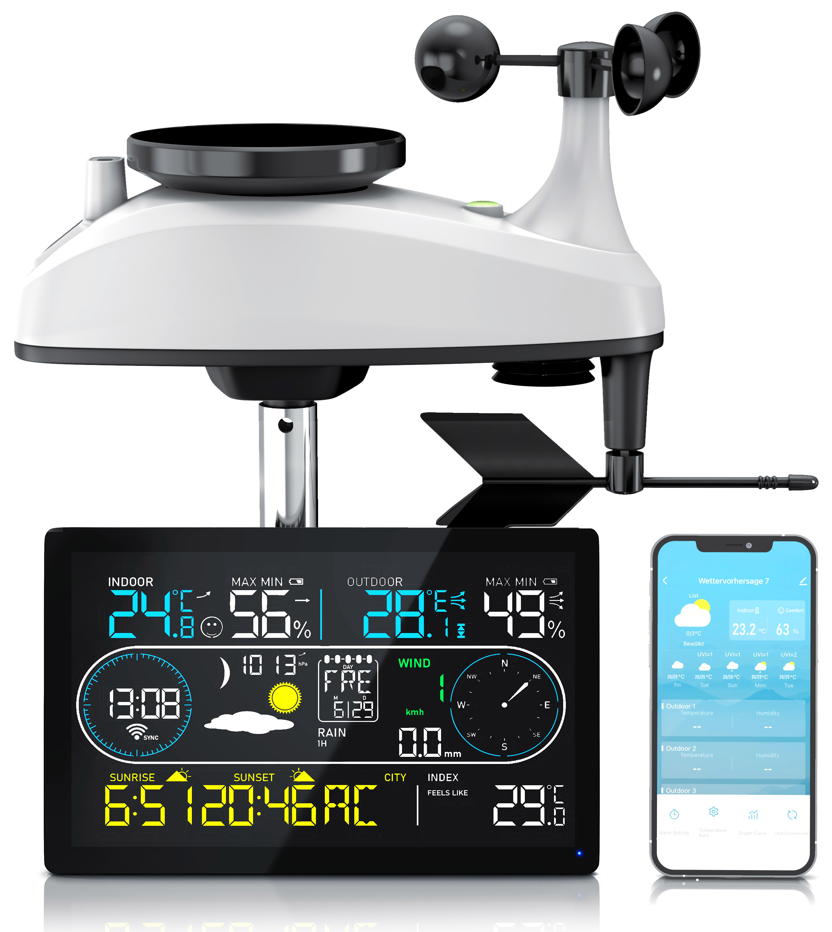 Brandson Wetterstation mit großem Display, Sensoren für Innen- und Außentemperatur, Windmessung und Smartphone-Anbindung.