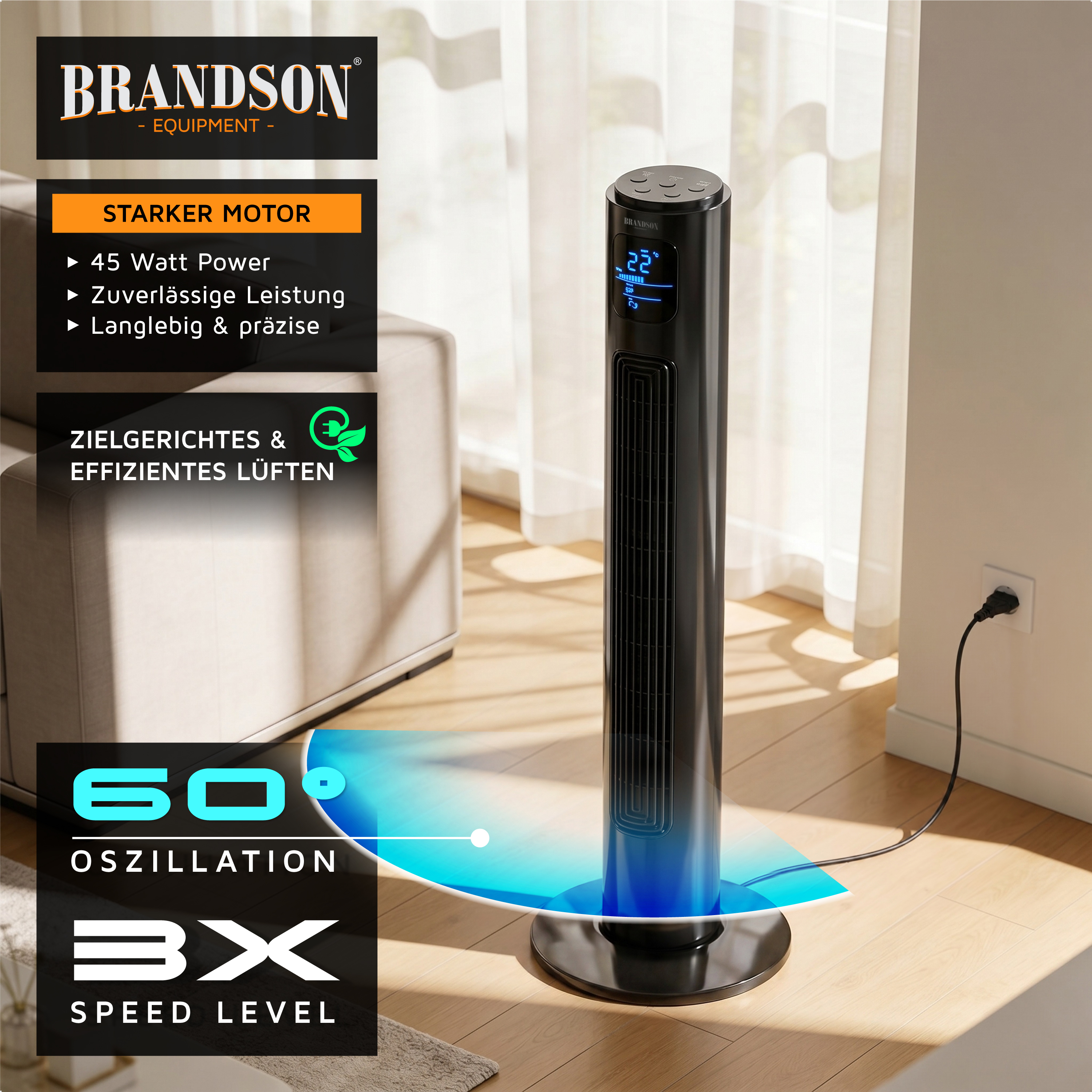 Brandson Turmventilator in Schwarz mit elegantem Design, Digitalanzeige und Bedienfeld, platziert in einem hellen Wohnzimmer.
