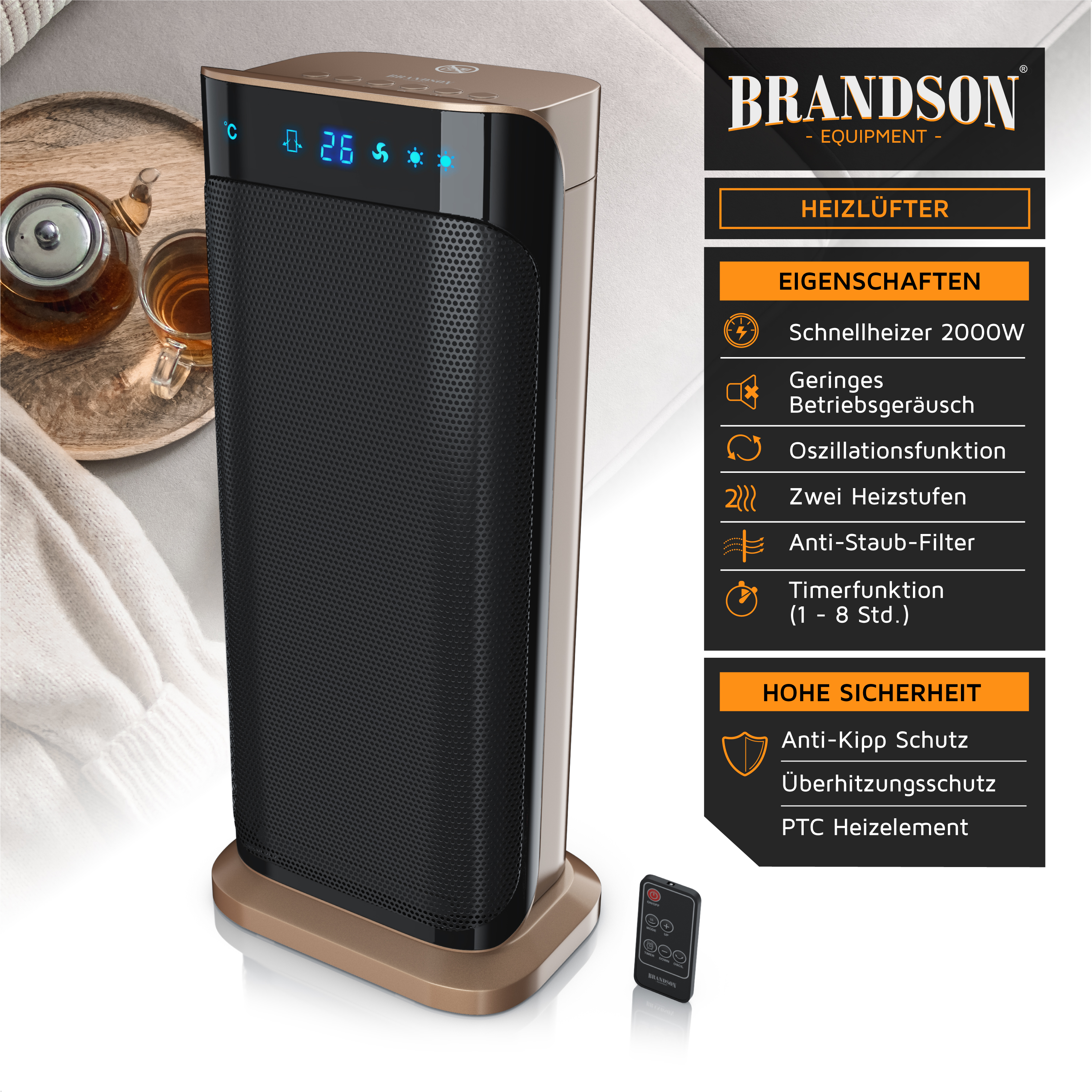 Brandson Heizlüfter in schwarzer und goldener Farbe mit digitalem Display, Fernbedienung und stabiler Basis.