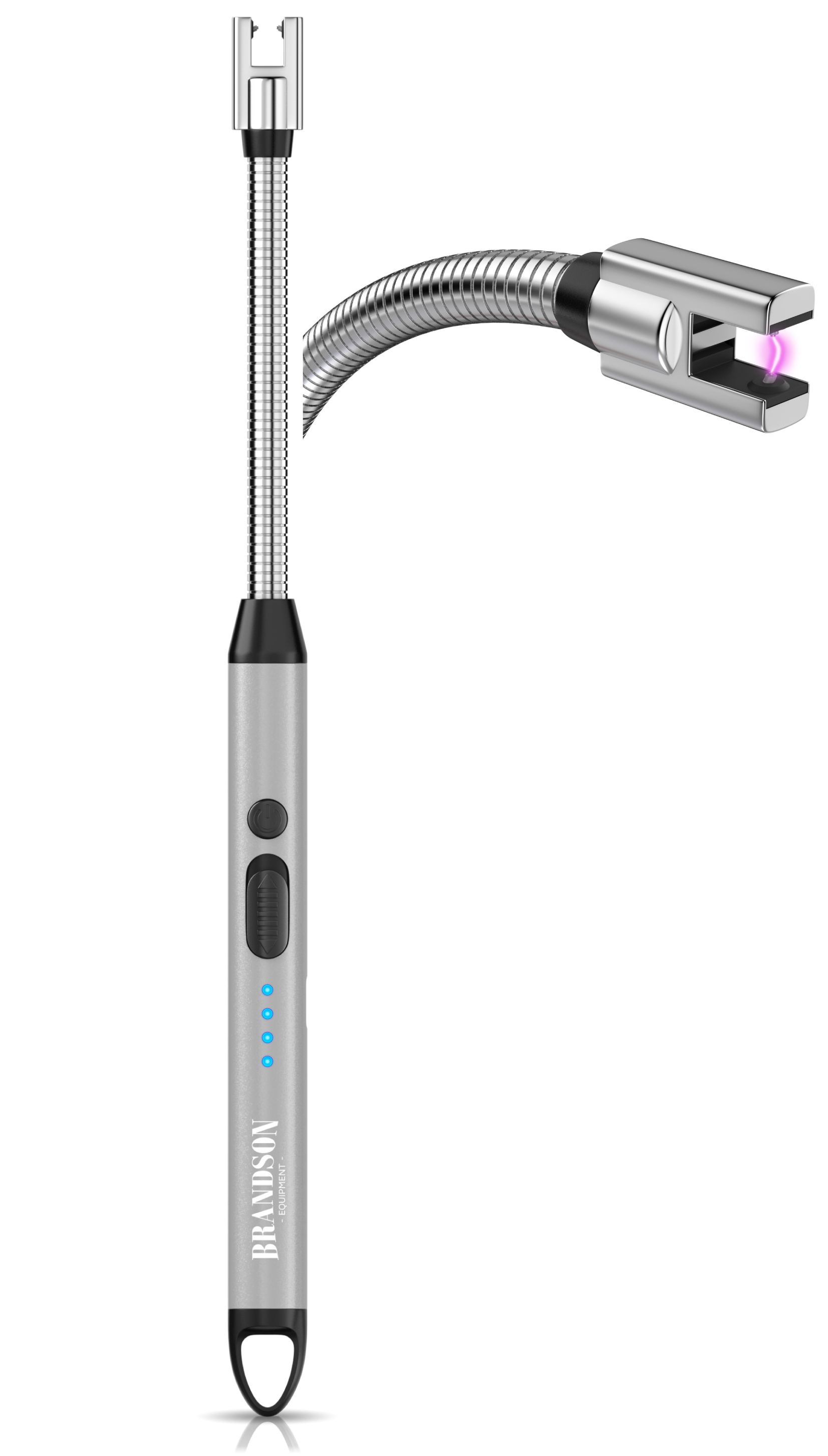 Brandson elektrisches Feuerzeug mit flexibler, gebogener Spitze, silbernem Gehäuse und LED-Anzeige für den Batteriestatus.