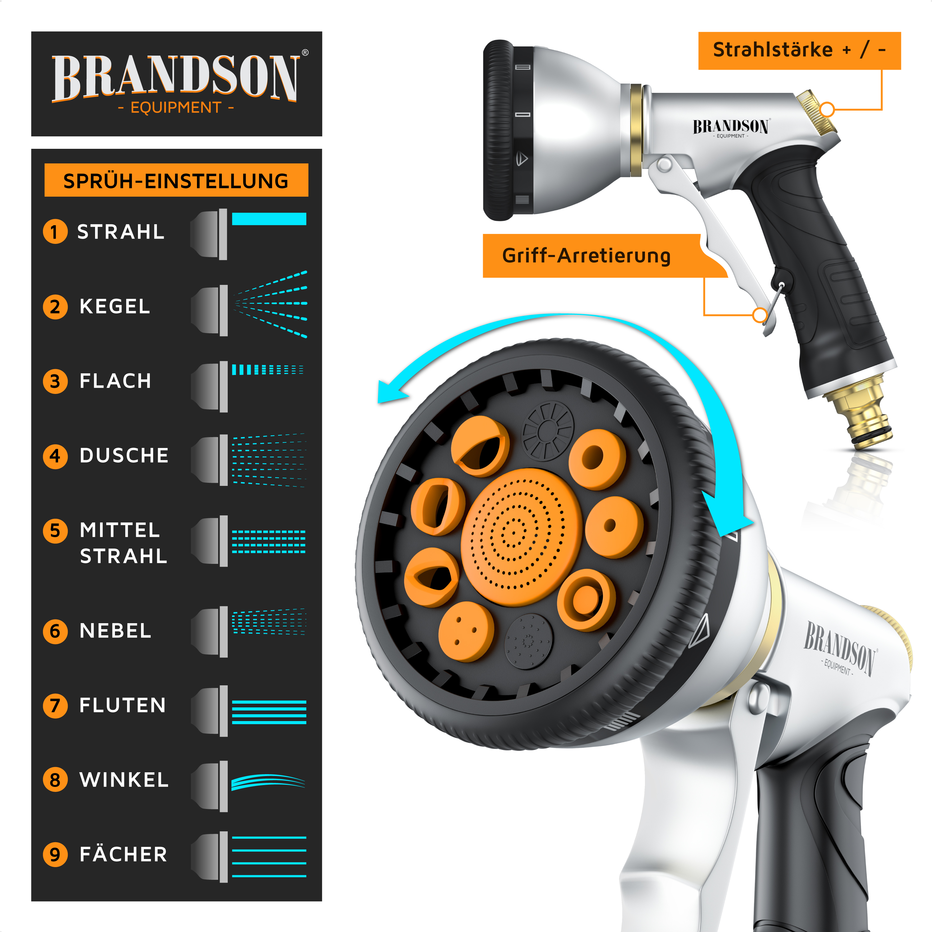 Brandson Gartenschlauchdüse mit verschiedenen Sprüh-Einstellungen, ergonomischem Griff und farbigen Einstellringen für optimale Nutzung.