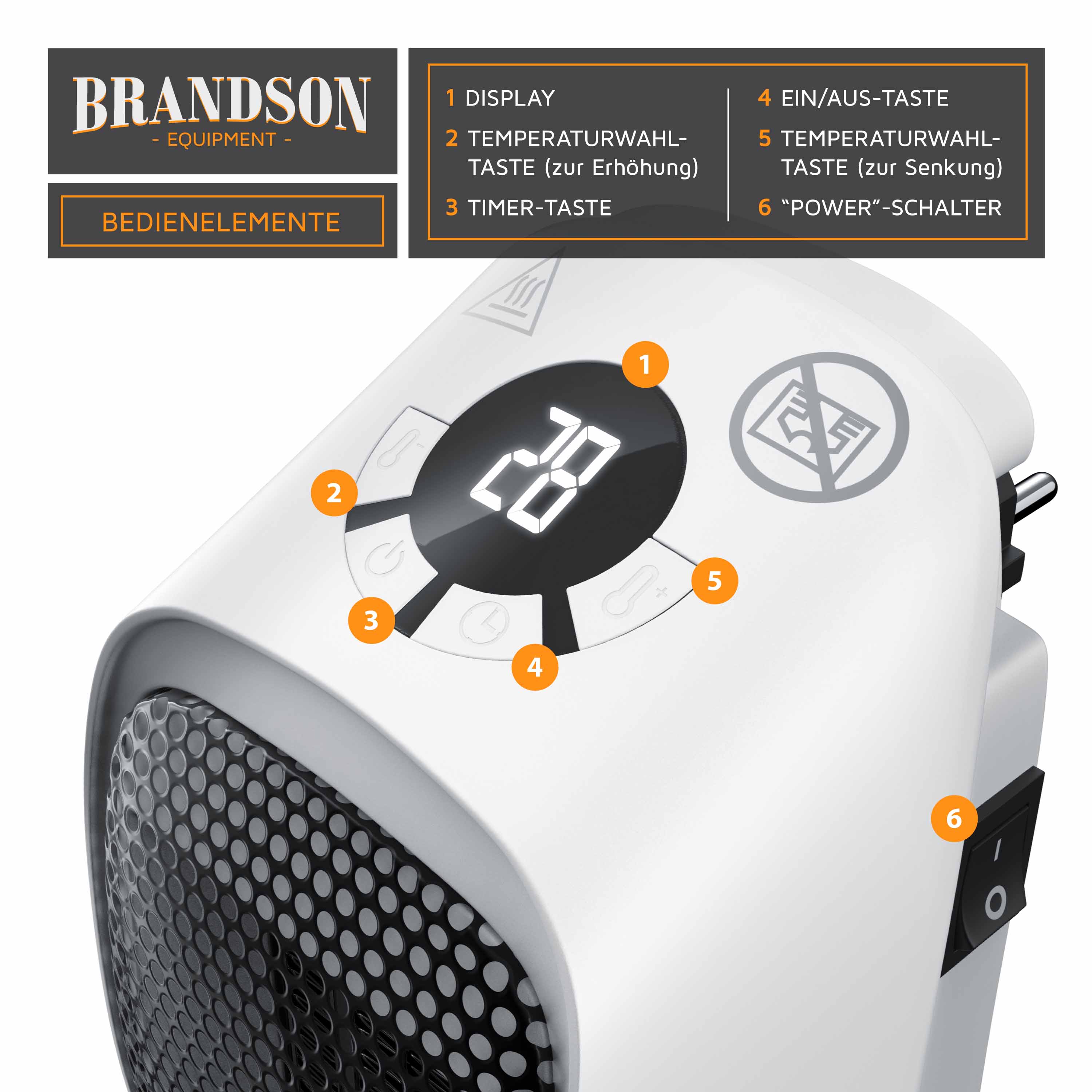 Brandson Heizlüfter mit digitalem Display, Temperatur- und Timer-Tasten, in Weiß mit schwarzem Gitter und Ein/Aus-Schalter.
