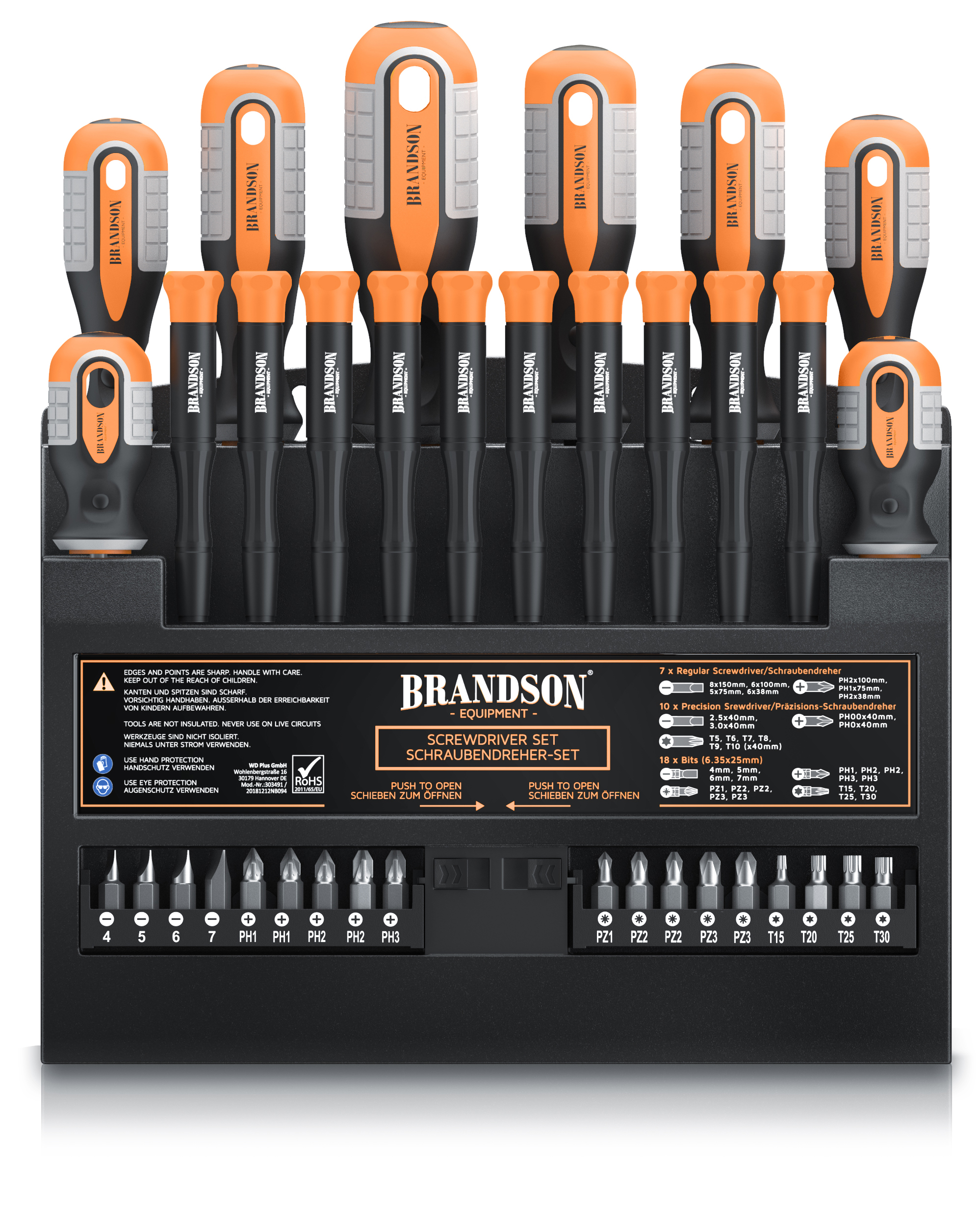 Brandson-Schraubendreher-Set mit einer Vielzahl von Schraubendrehern mit ergonomischen orangefarbenen und schwarzen Griffen, präsentiert in einem kompakten Aufbewahrungskoffer.