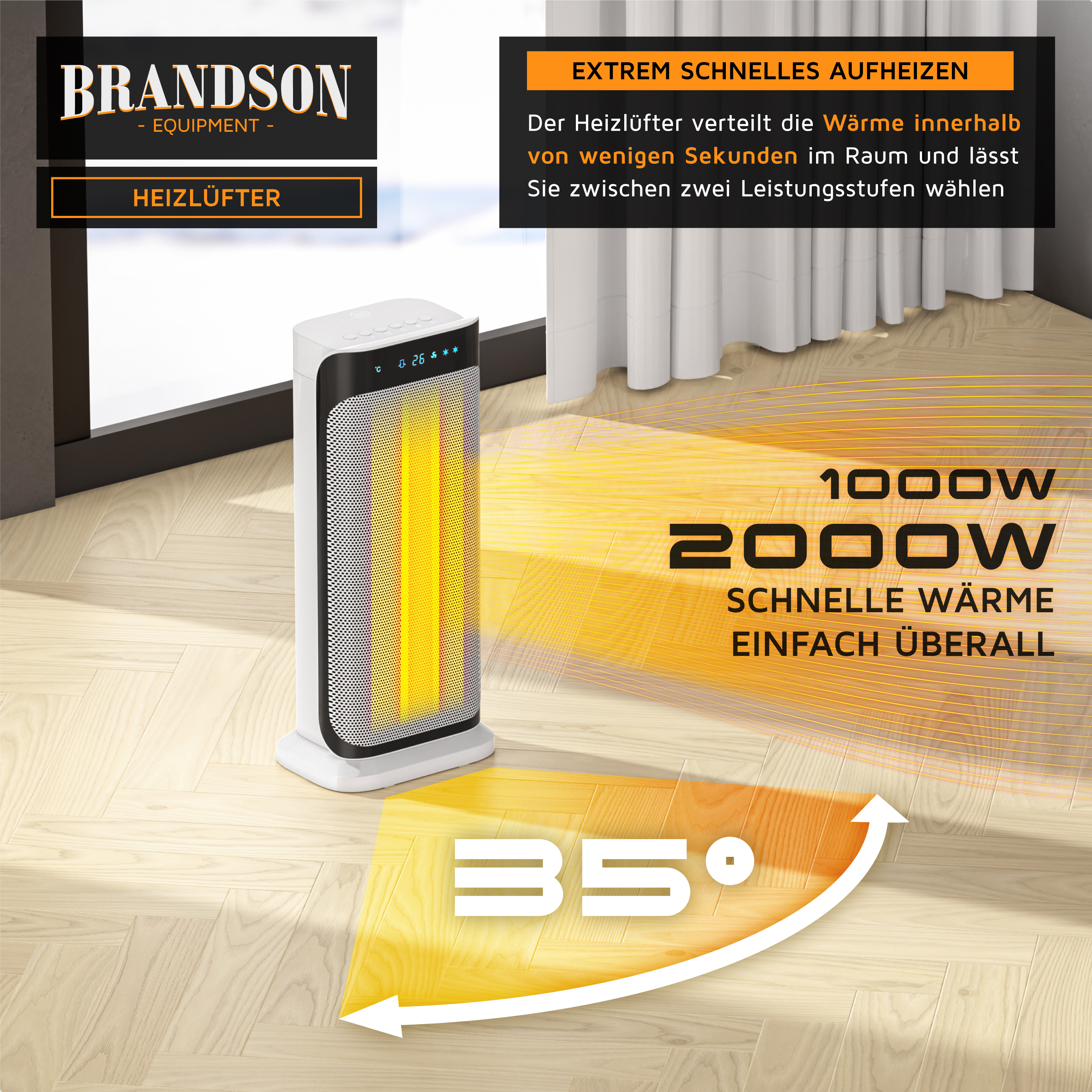 Brandson Heizlüfter in schlanker Bauform mit digitalem Display und zwei Leistungsstufen, ideal für schnelle Wärmeverteilung im Raum.